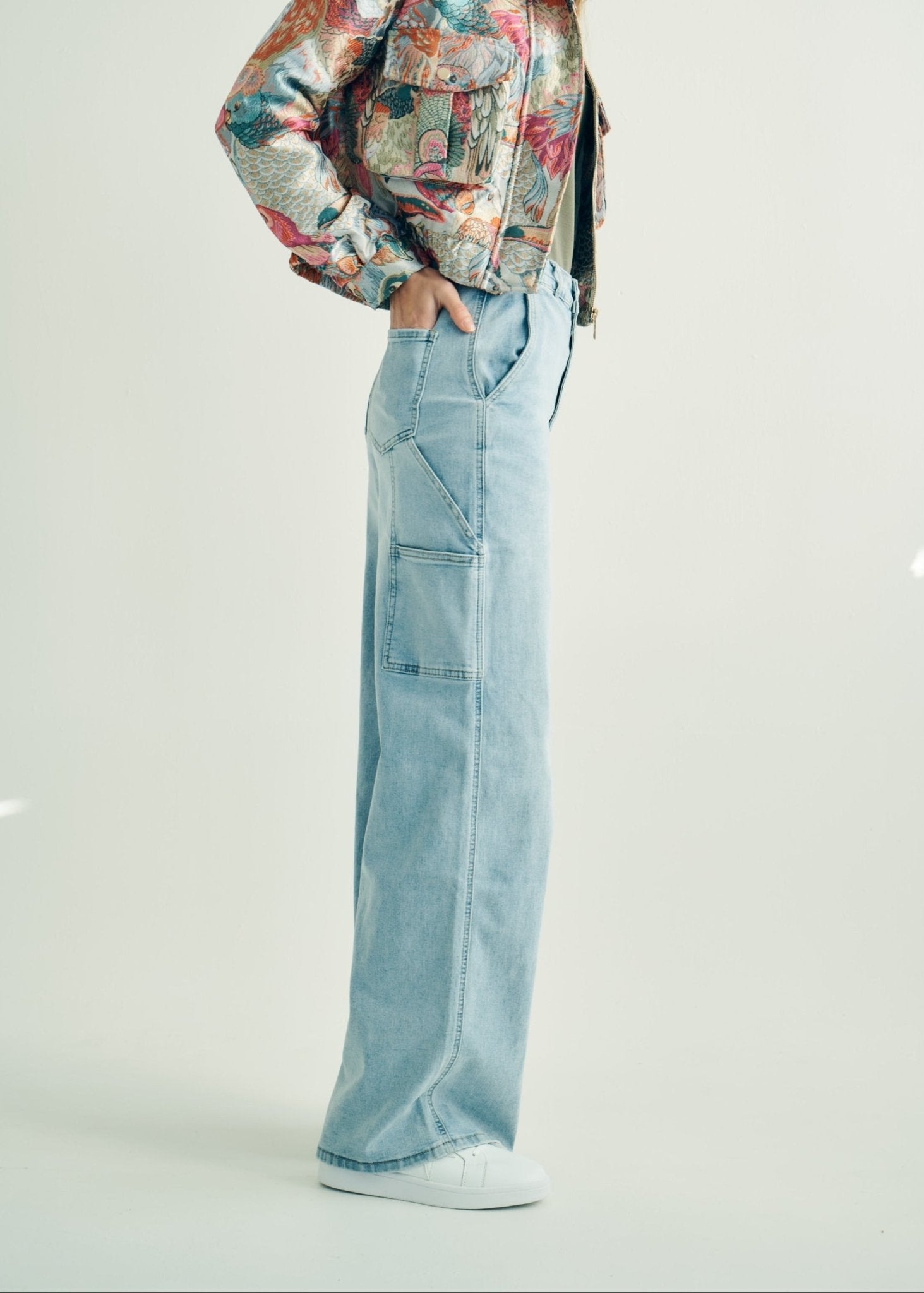 View our High Rise Cargo Style Wide Leg Jeans in Light Blue Denim - by Tribute Store
