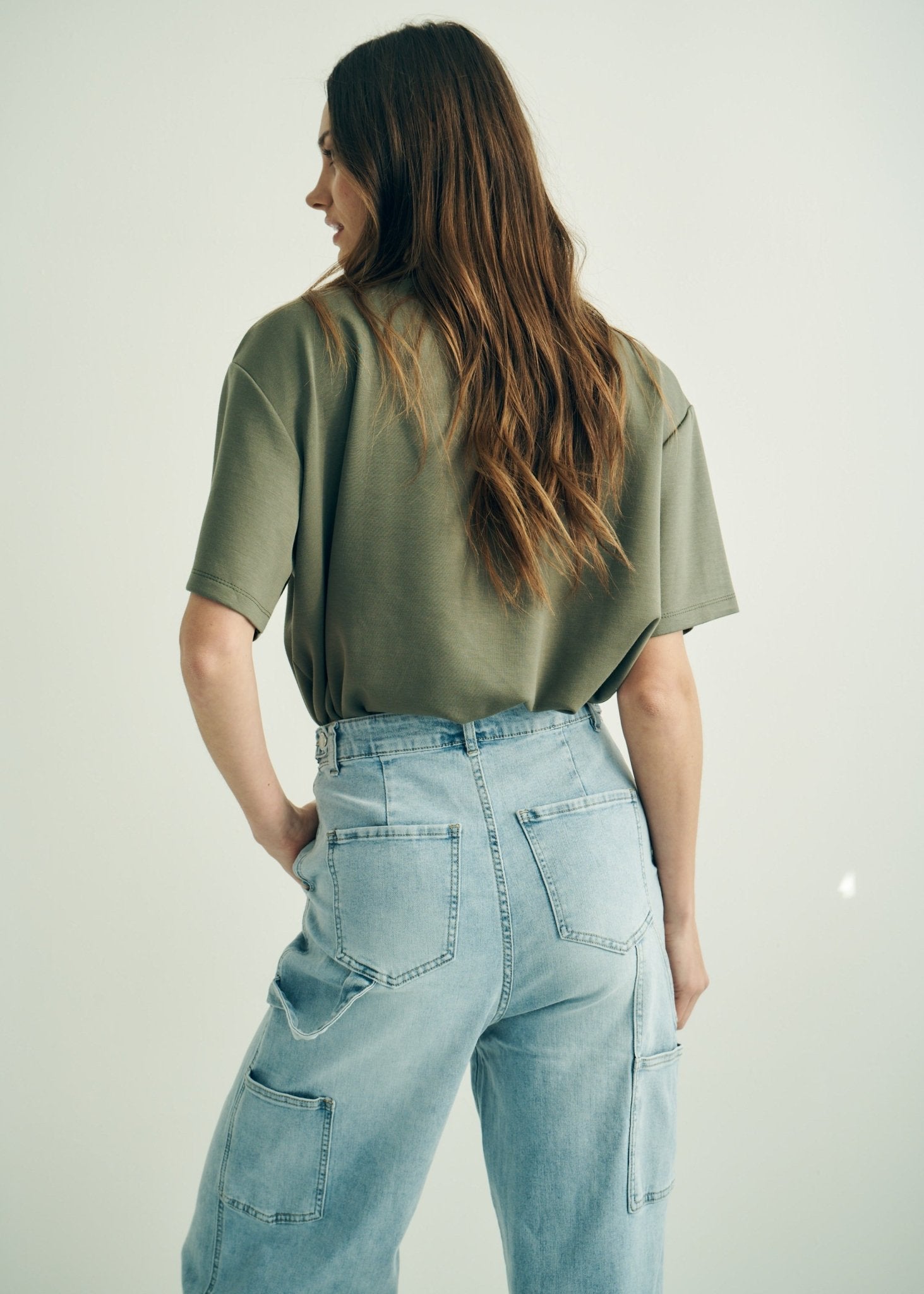 View our High Rise Cargo Style Wide Leg Jeans in Light Blue Denim - by Tribute Store