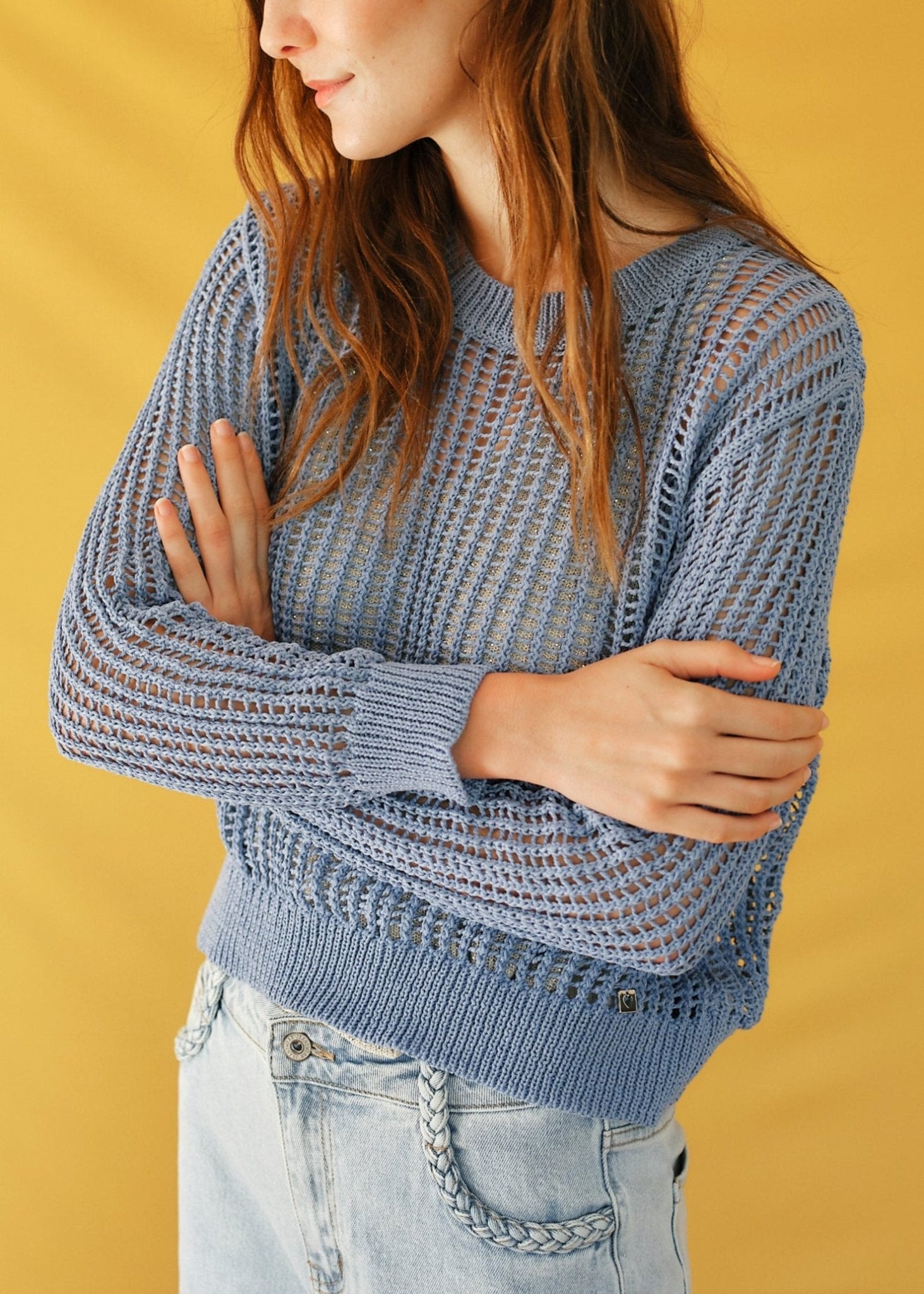 View our Ibiza Knitted Open Weave Jumper with Lurex in Blue - by Tribute Store