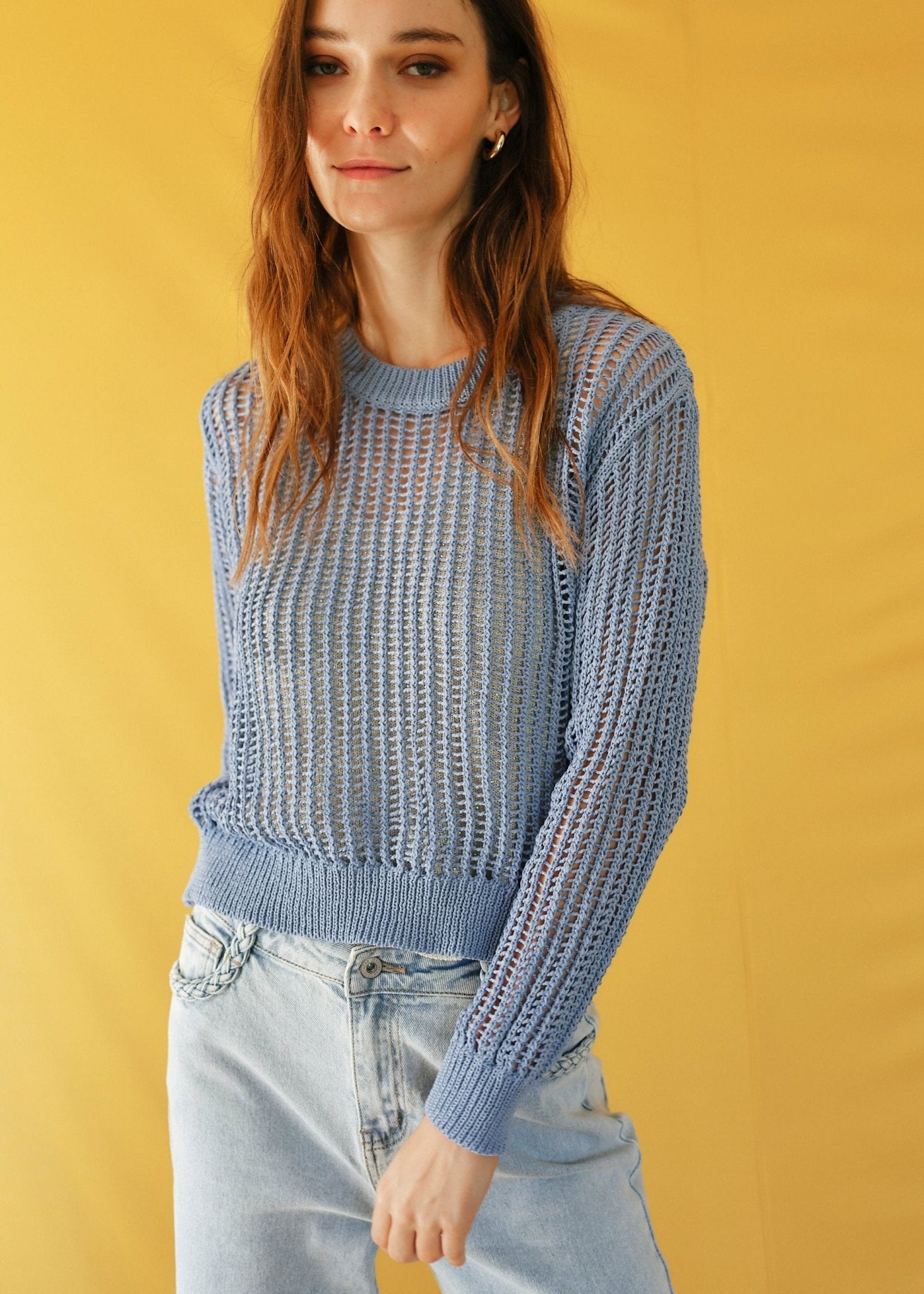 View our Ibiza Knitted Open Weave Jumper with Lurex in Blue - by Tribute Store
