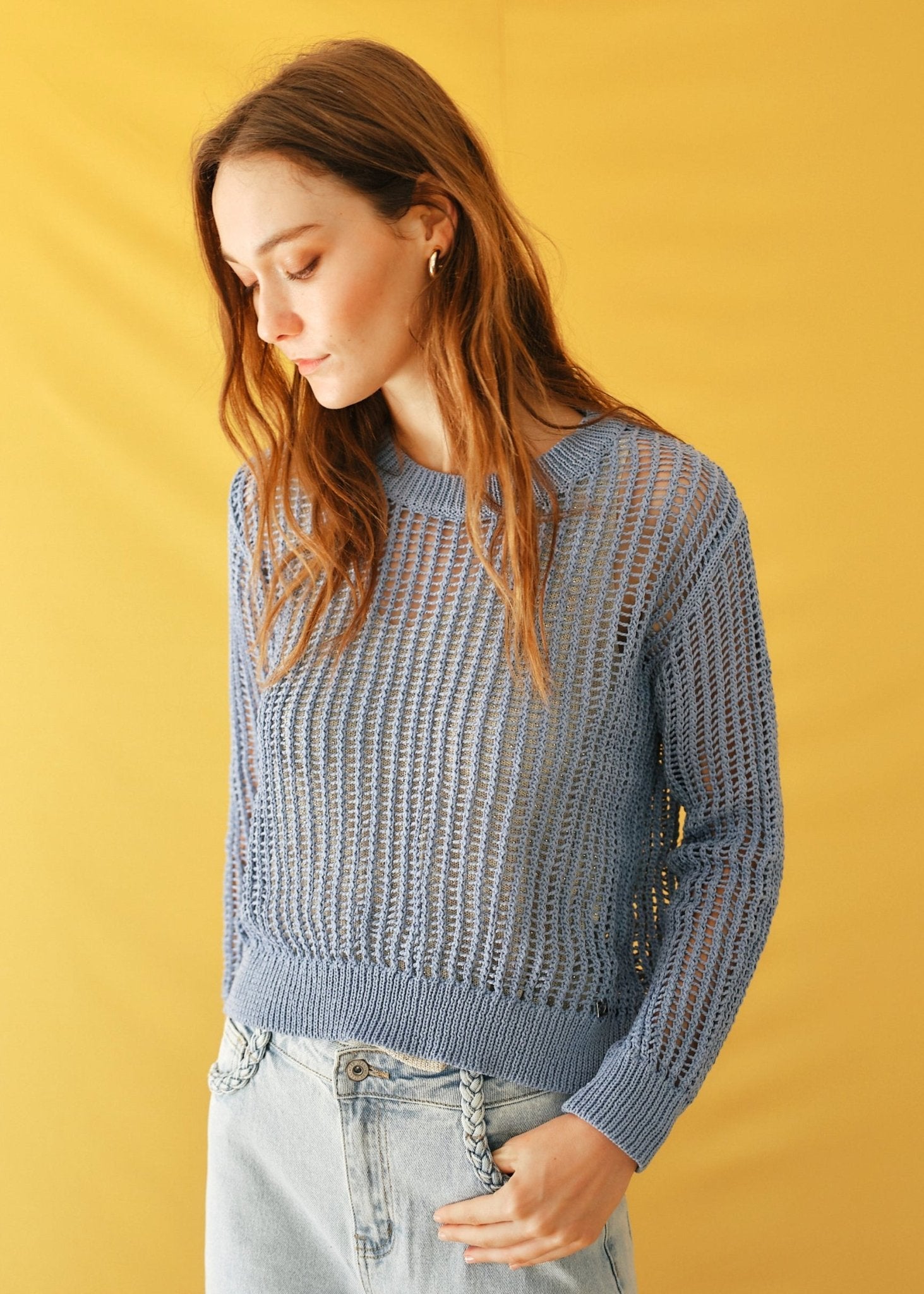 View our Ibiza Knitted Open Weave Jumper with Lurex in Blue - by Tribute Store