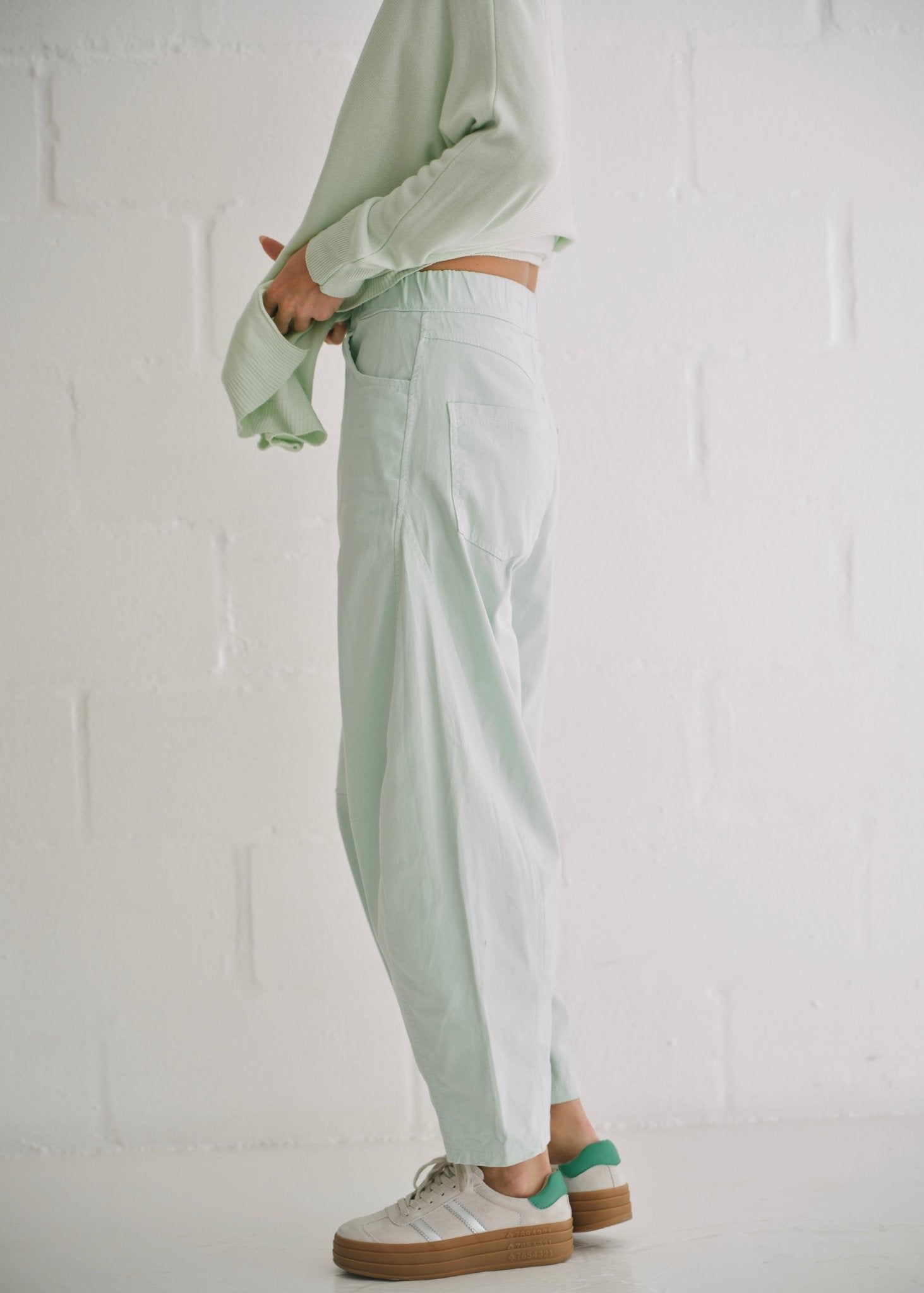 View our Italian Barrel Joggers In Mint - by Tribute Store