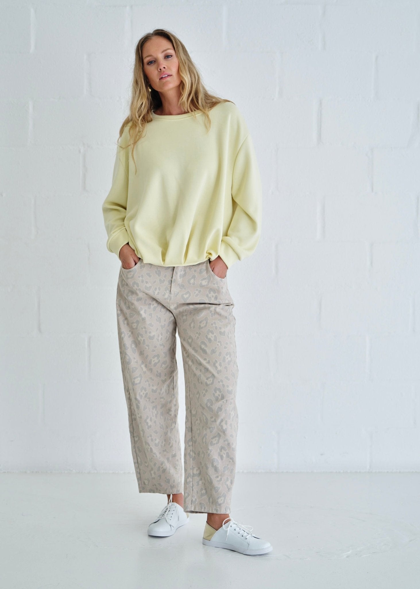View our Italian Cotton Barrel Trousers With Leopard Print In Stonewashed Beige - by Tribute Store