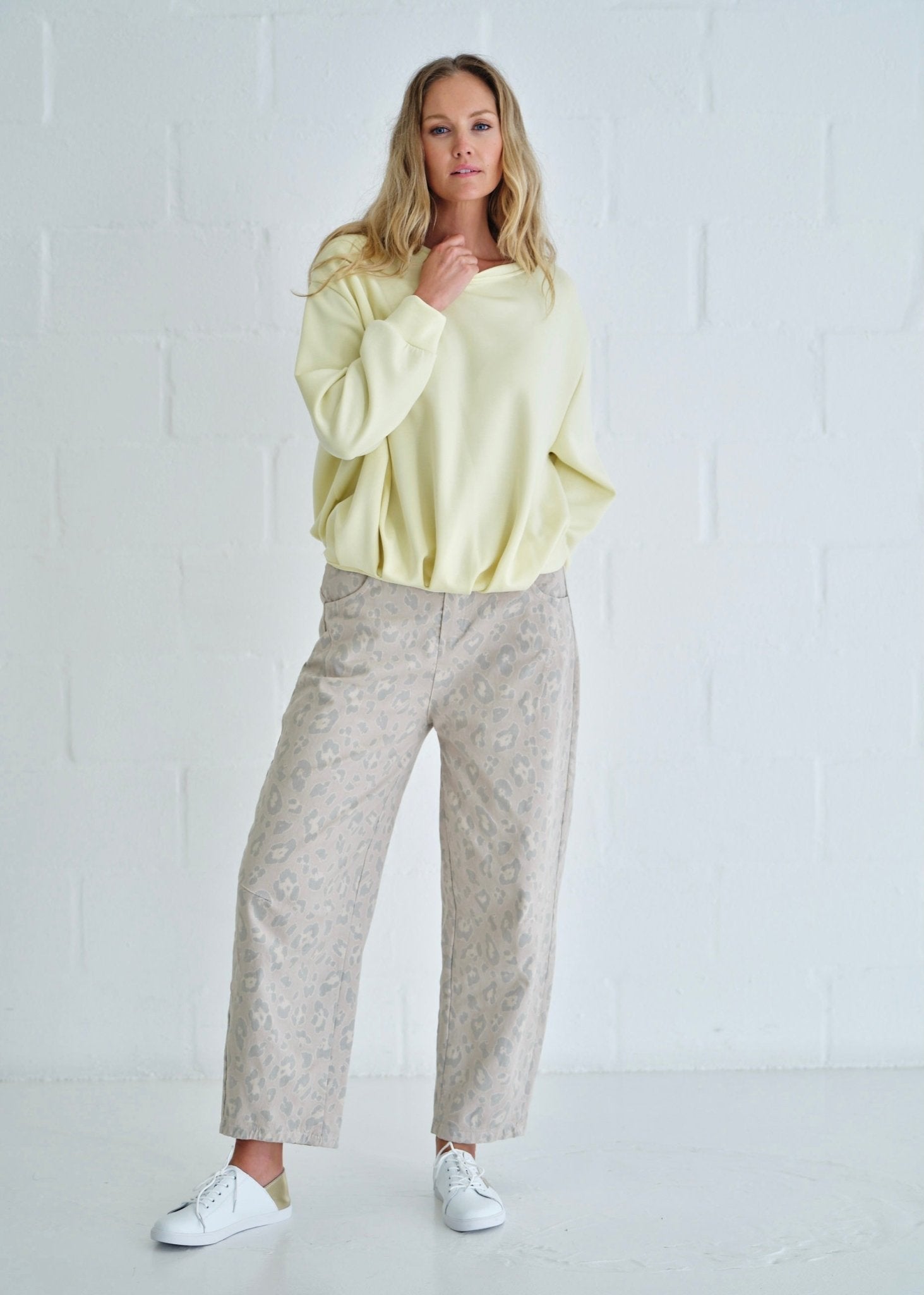View our Italian Cotton Barrel Trousers With Leopard Print In Stonewashed Beige - by Tribute Store