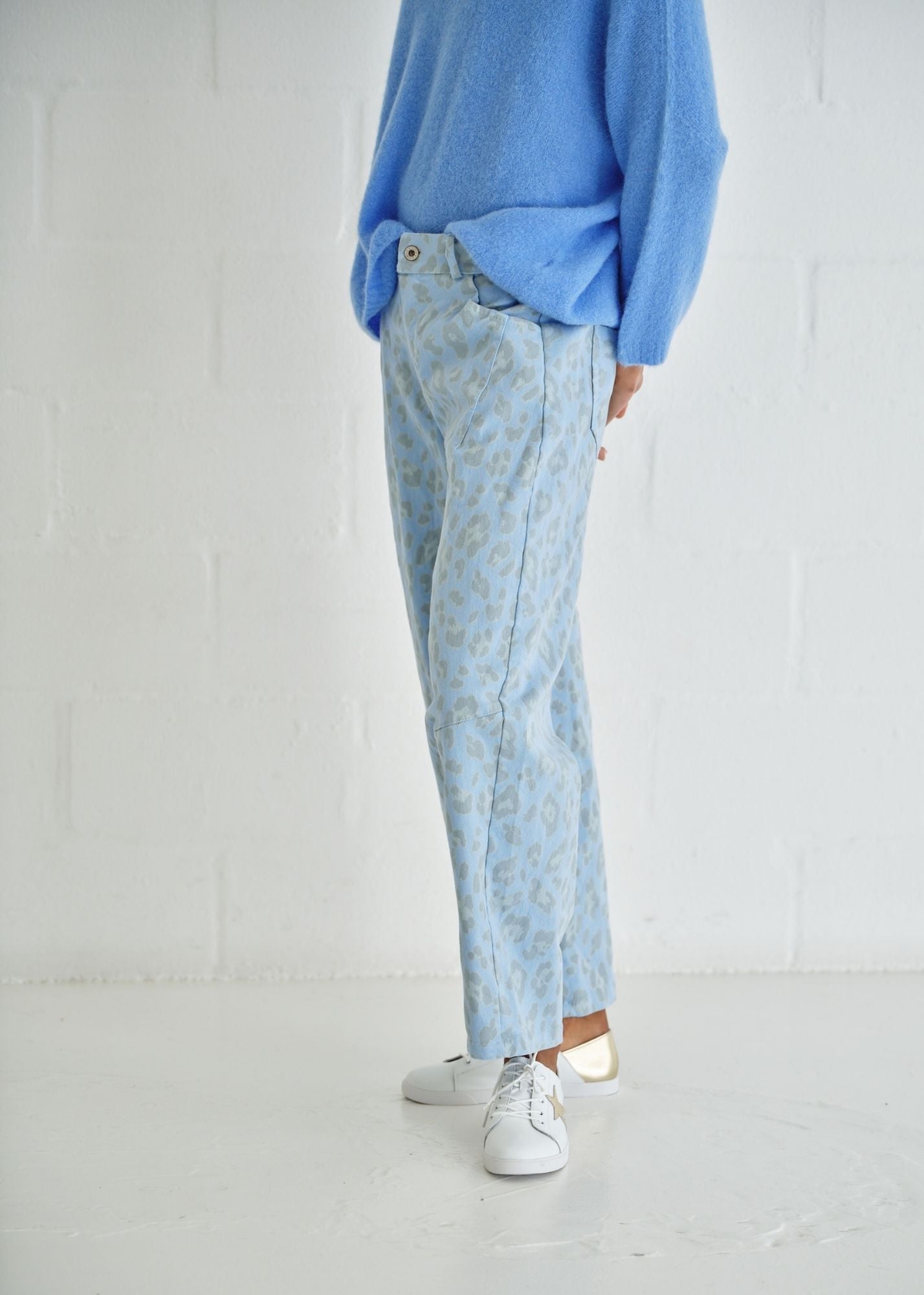View our Italian Cotton Barrel Trousers With Leopard Print In Stonewashed Blue Jean - by Tribute Store