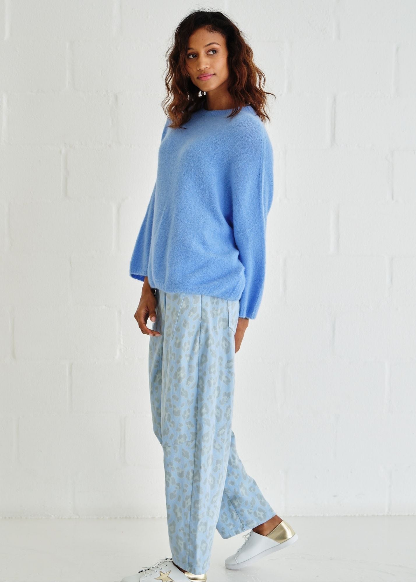 View our Italian Cotton Barrel Trousers With Leopard Print In Stonewashed Blue Jean - by Tribute Store