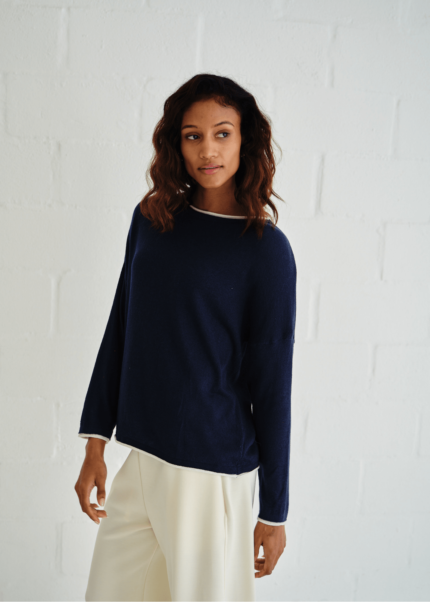View our Italian Cotton Blend Crew Neck Knit with Border In Marine Blue - by Tribute Store