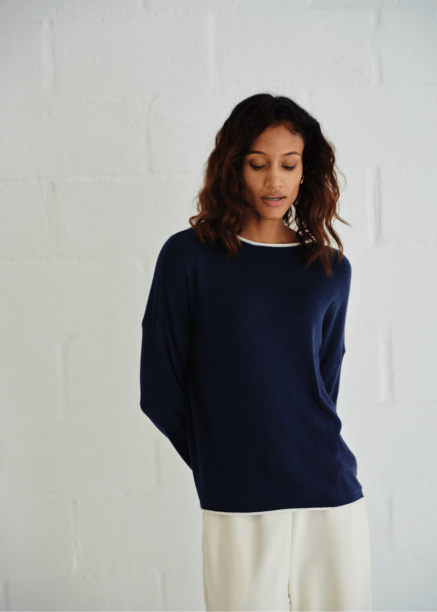 View our Italian Cotton Blend Crew Neck Knit with Border In Marine Blue - by Tribute Store