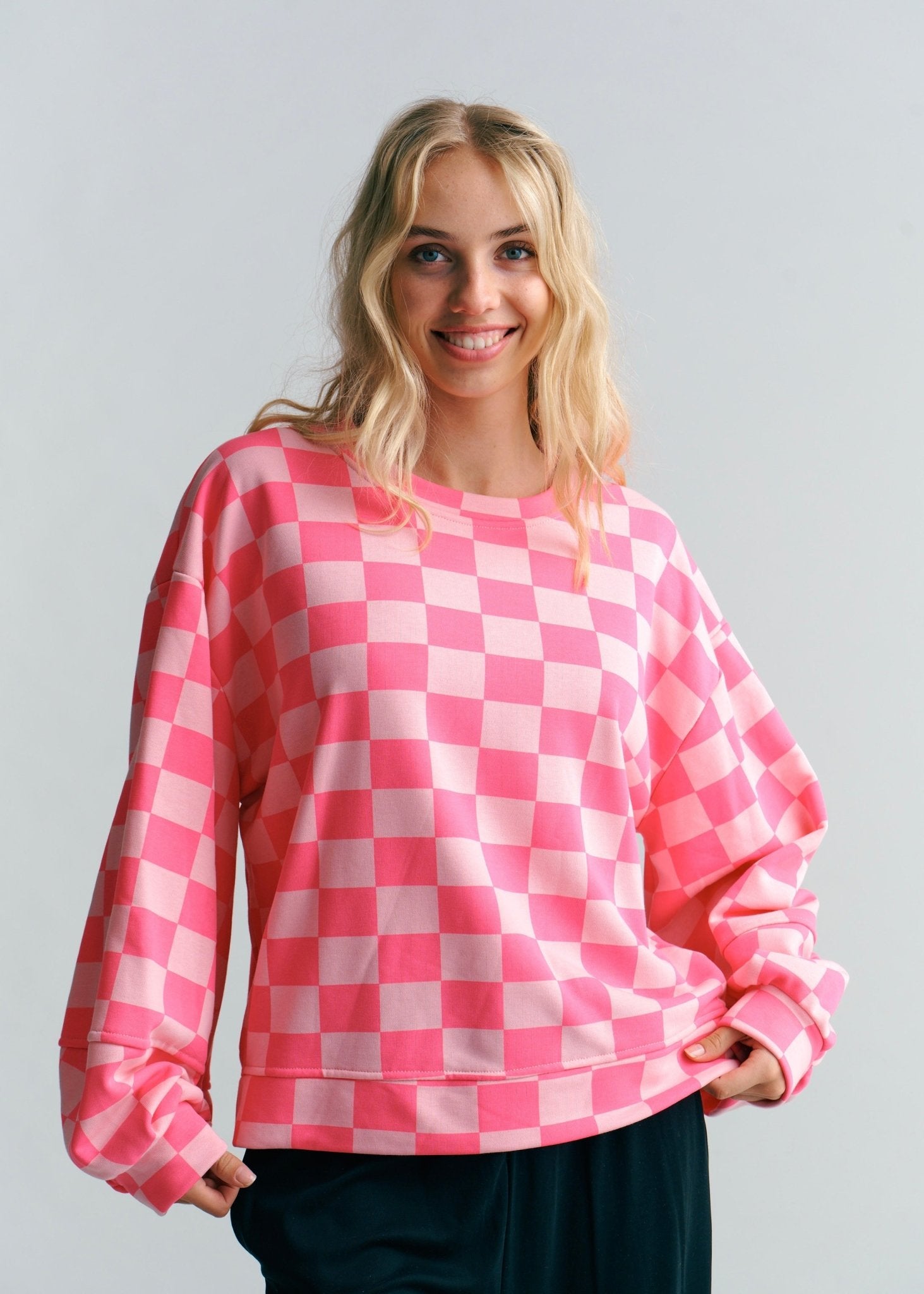 View our Italian Cotton Tracksuit Jumper With Harlequin Checks In Hot Pink & Blush - by Tribute Store