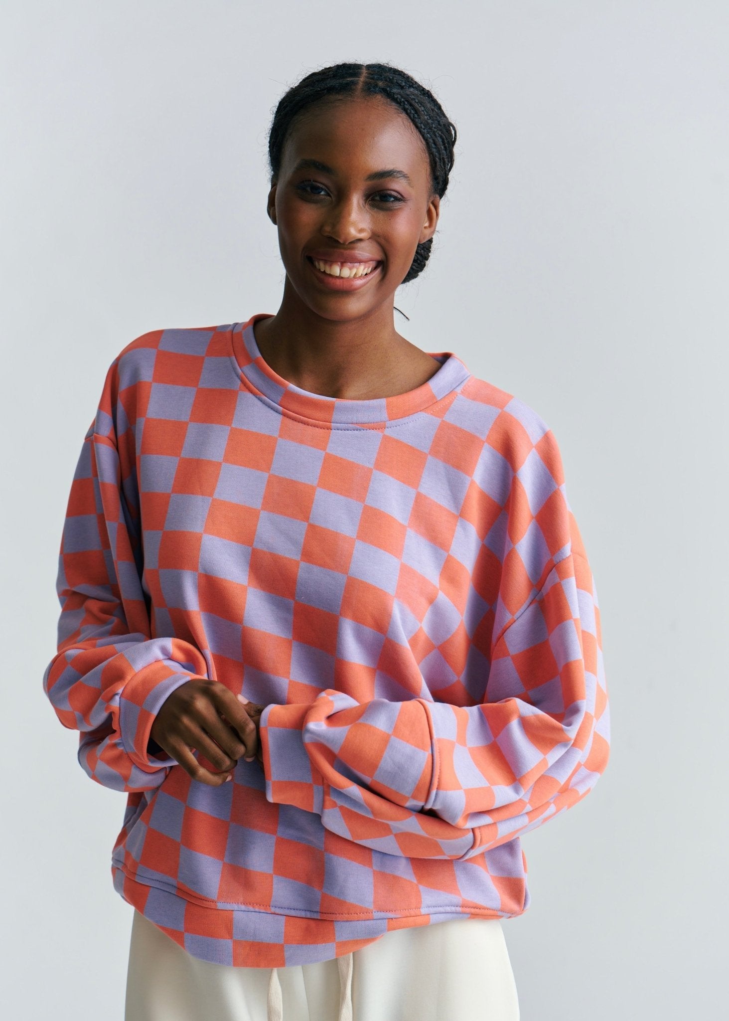 View our Italian Cotton Tracksuit Jumper With Harlequin Checks In Lilac and Orange - by Tribute Store