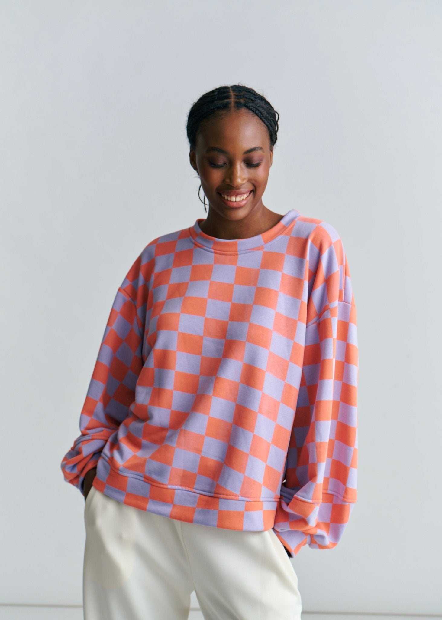 View our Italian Cotton Tracksuit Jumper With Harlequin Checks In Lilac and Orange - by Tribute Store