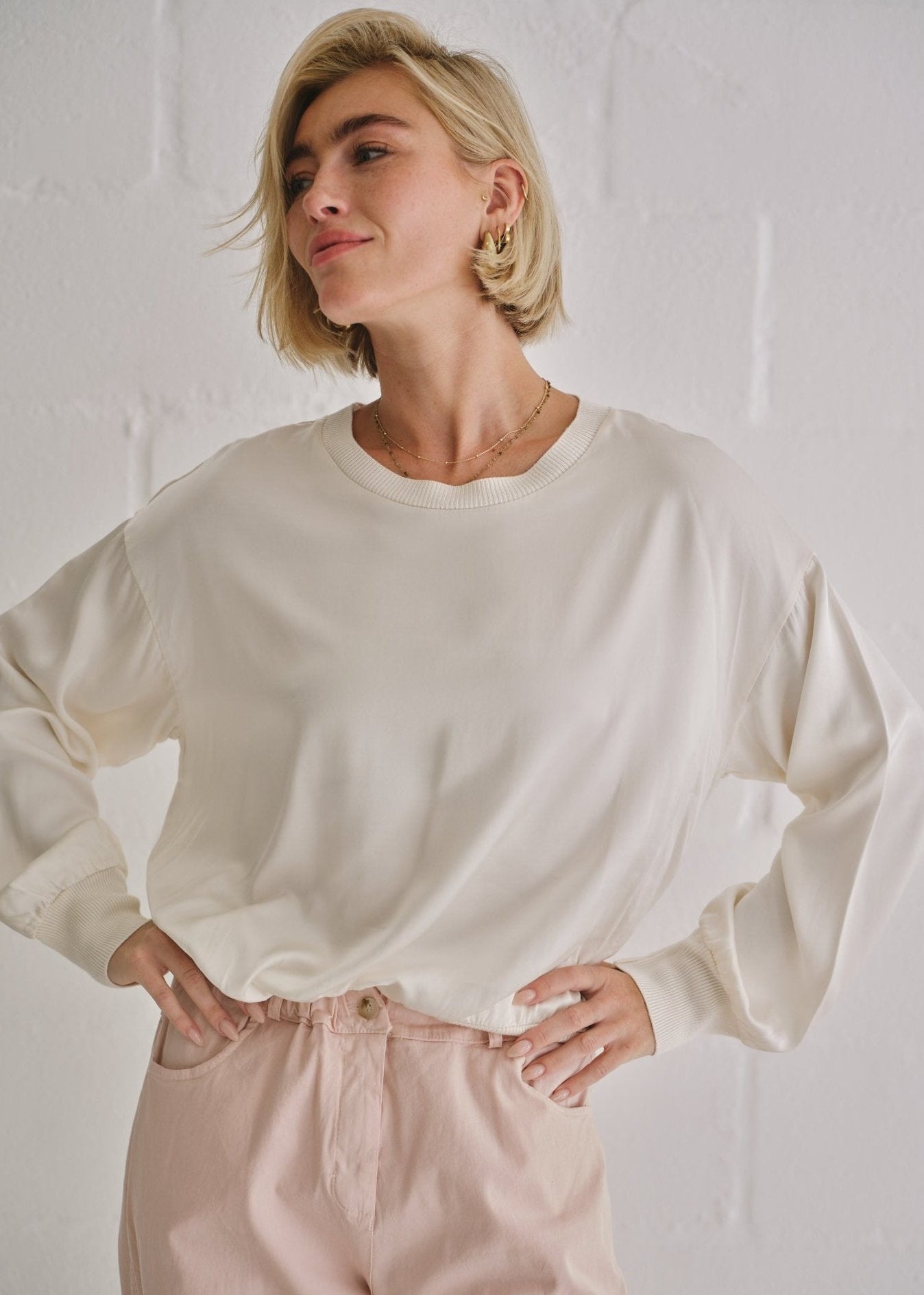 View our Italian Crew Neck Satin Long Sleeved Top In Champagne - by Tribute Store