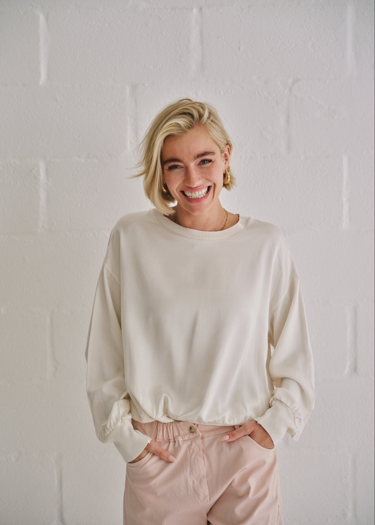 View our Italian Crew Neck Satin Long Sleeved Top In Champagne - by Tribute Store