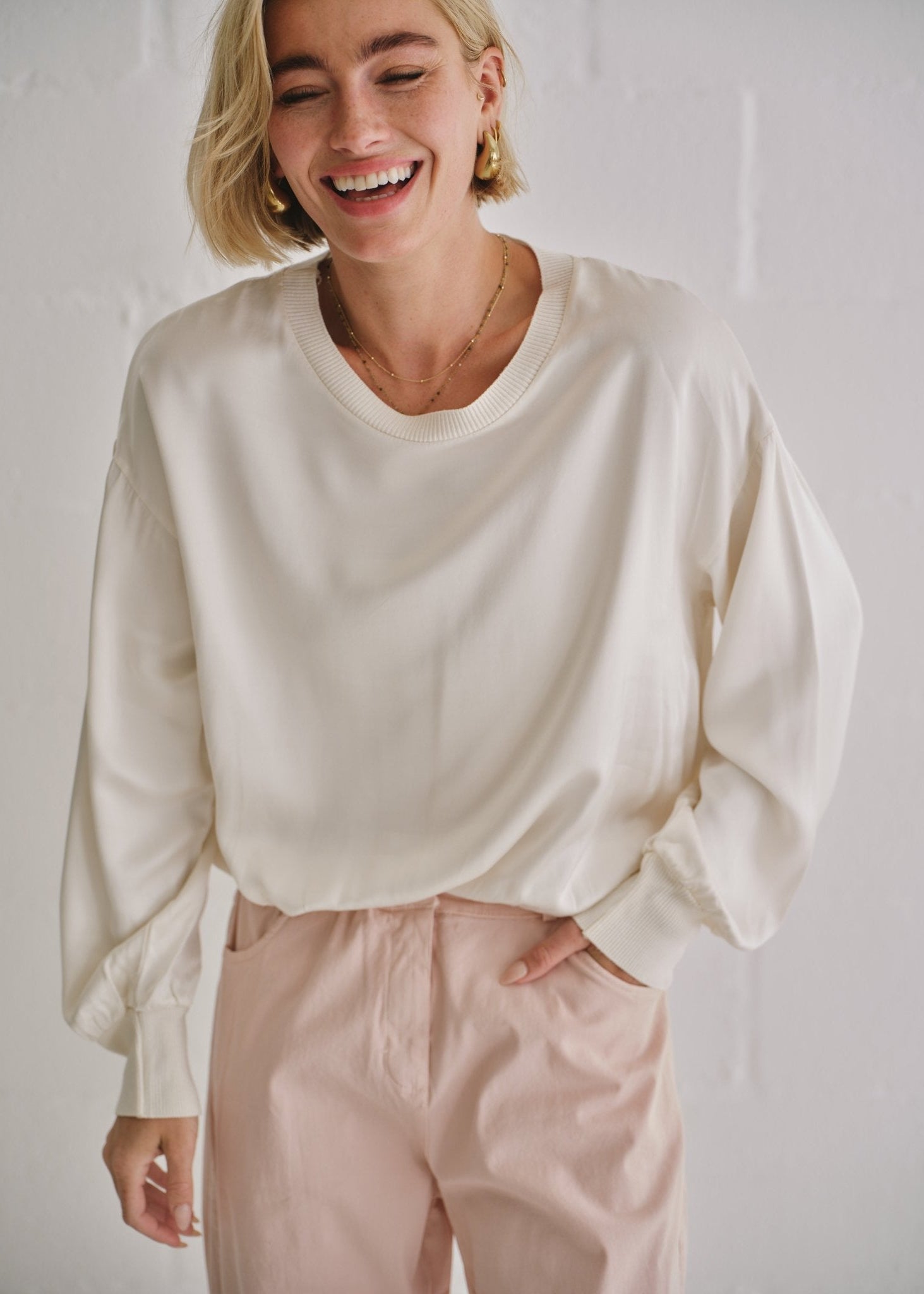 View our Italian Crew Neck Satin Long Sleeved Top In Champagne - by Tribute Store