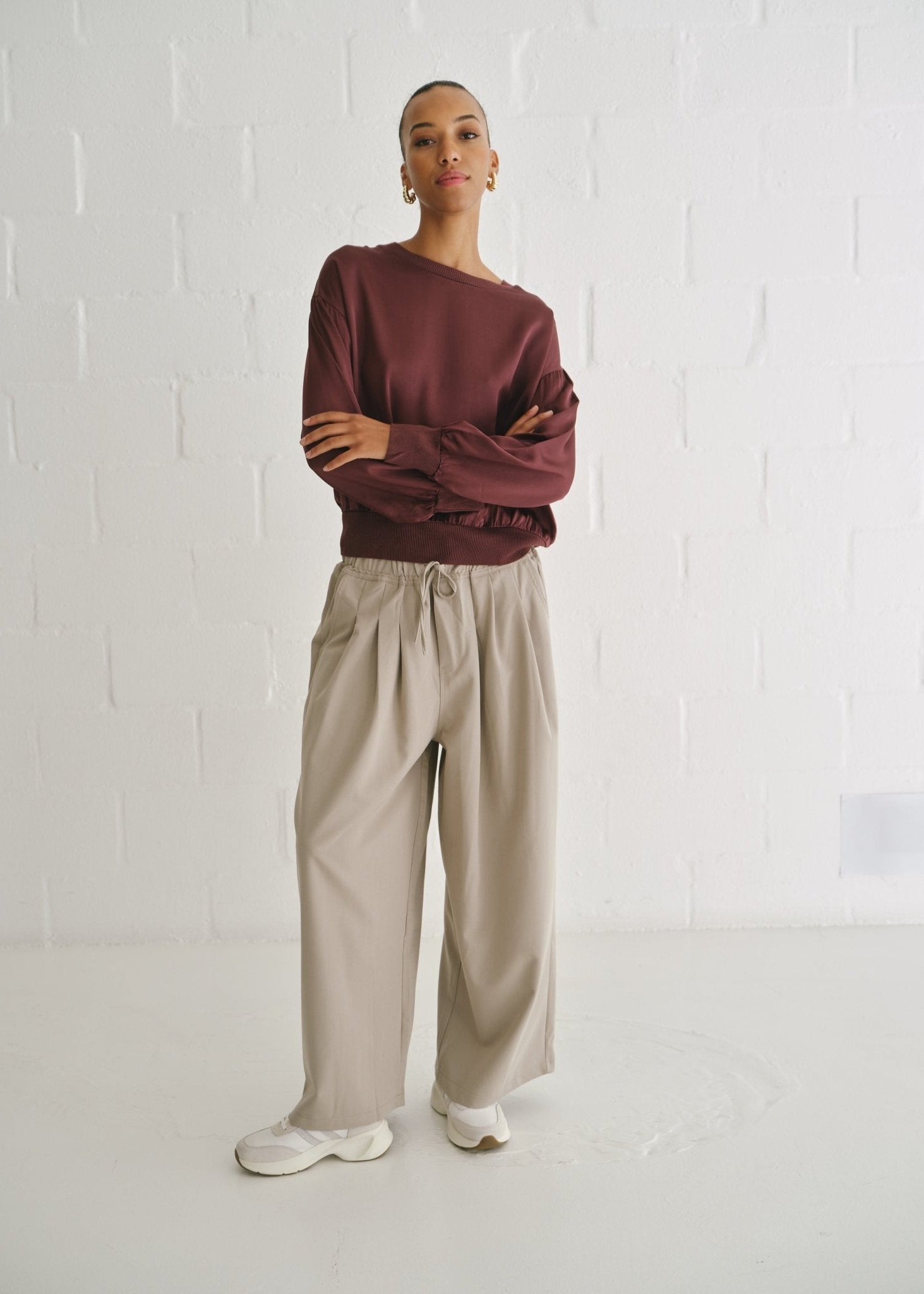 View our Italian Crew Neck Satin Long Sleeved Top In Maroon - by Tribute Store