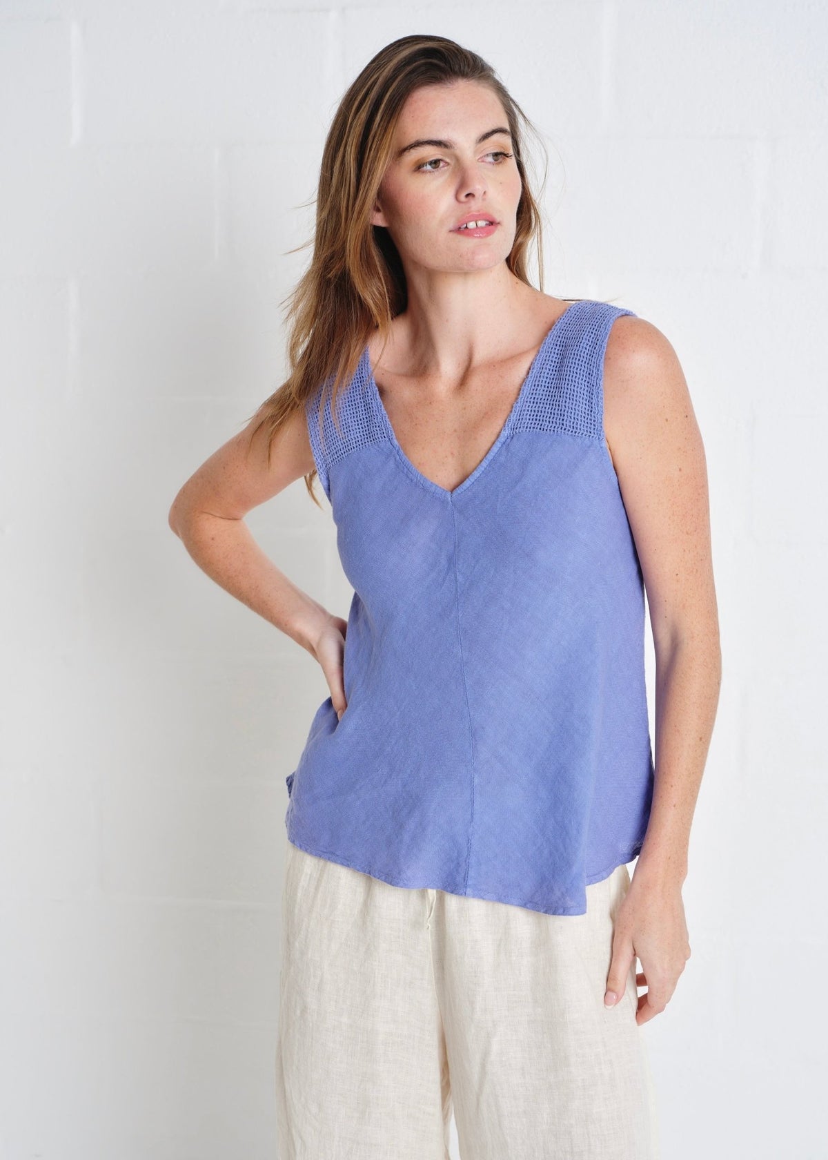 View our Italian Crochet and Linen Shoulder Vest In Blue - by Tribute Store