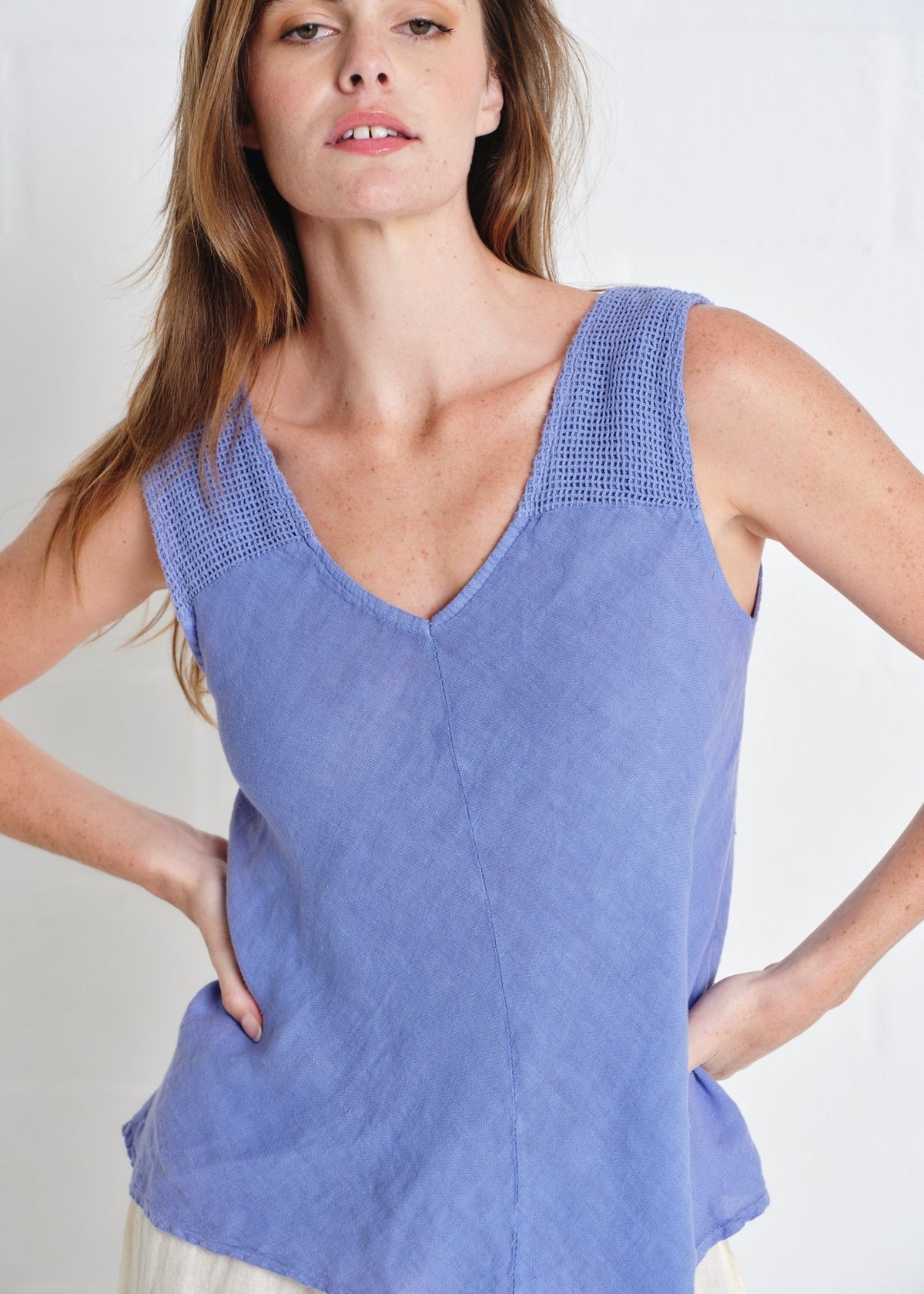 View our Italian Crochet and Linen Shoulder Vest In Blue - by Tribute Store