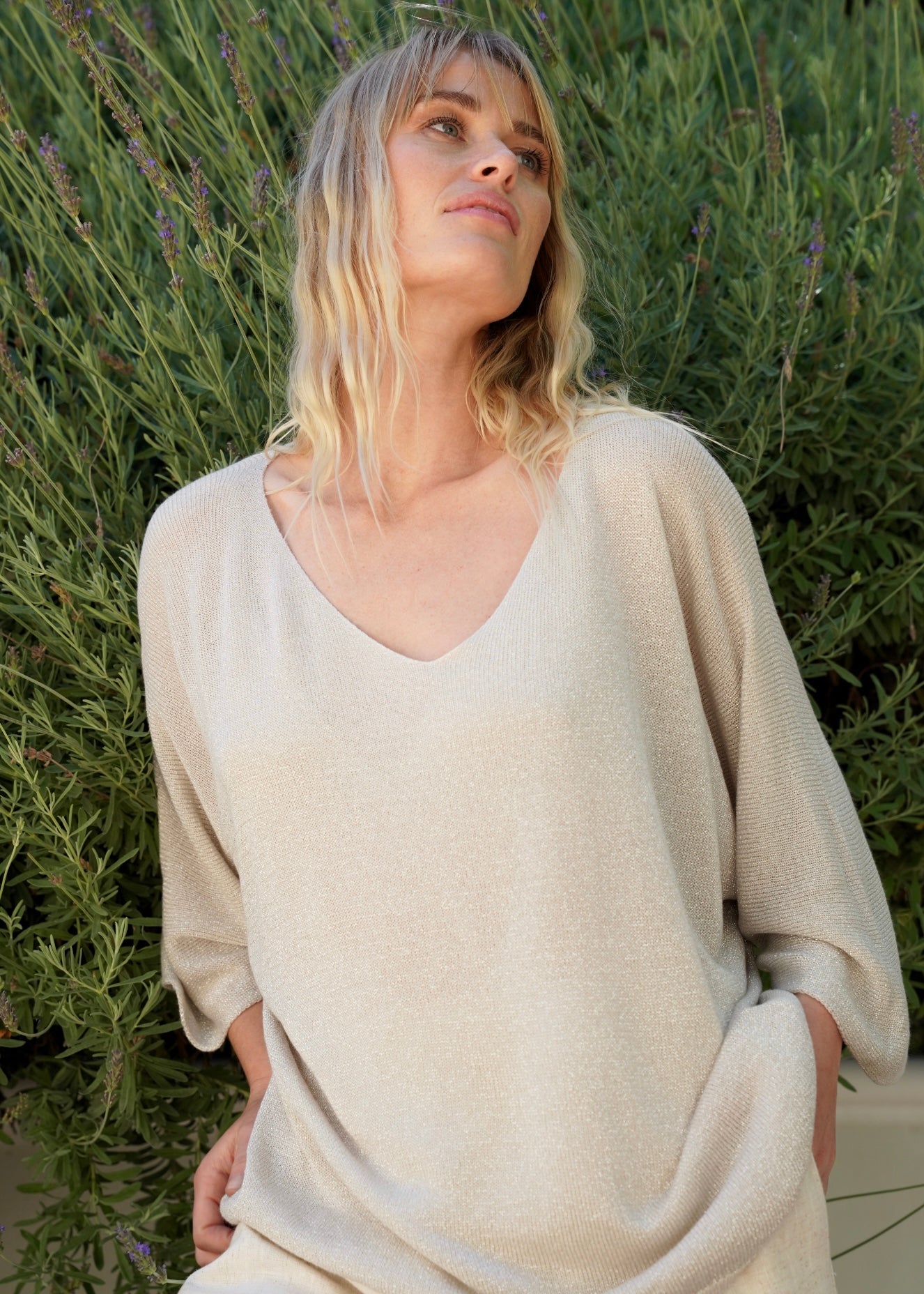 View our Italian Lurex V Neck In Cream - by Tribute Store