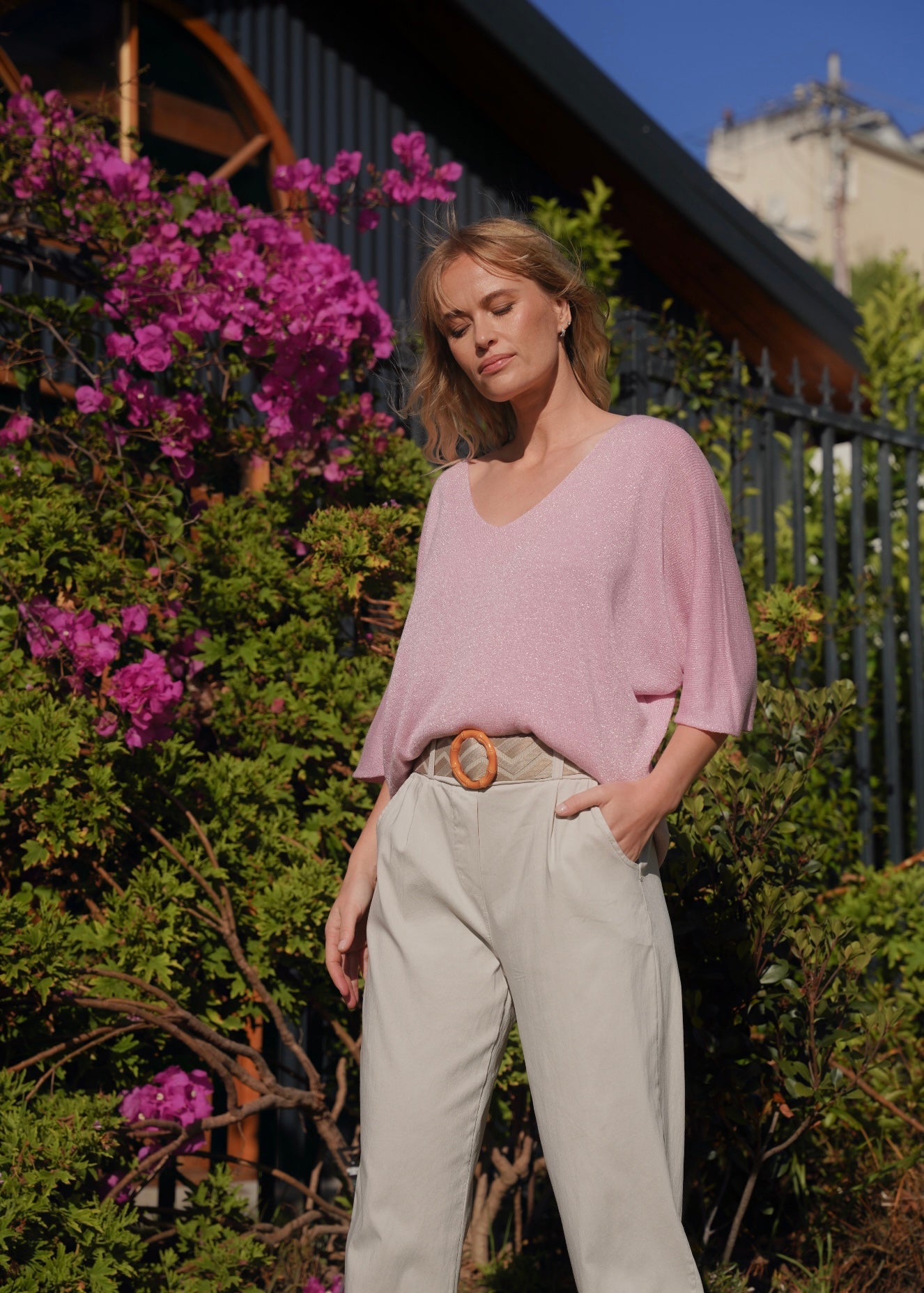 View our Italian Lurex V Neck In Rose Pink - by Tribute Store