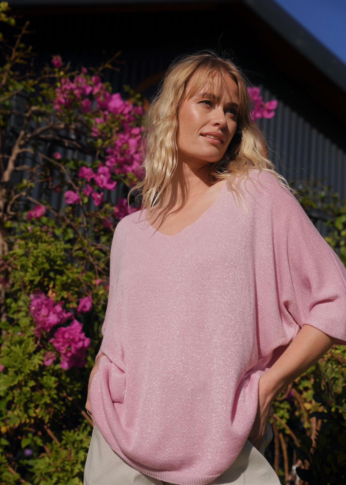 View our Italian Lurex V Neck In Rose Pink - by Tribute Store