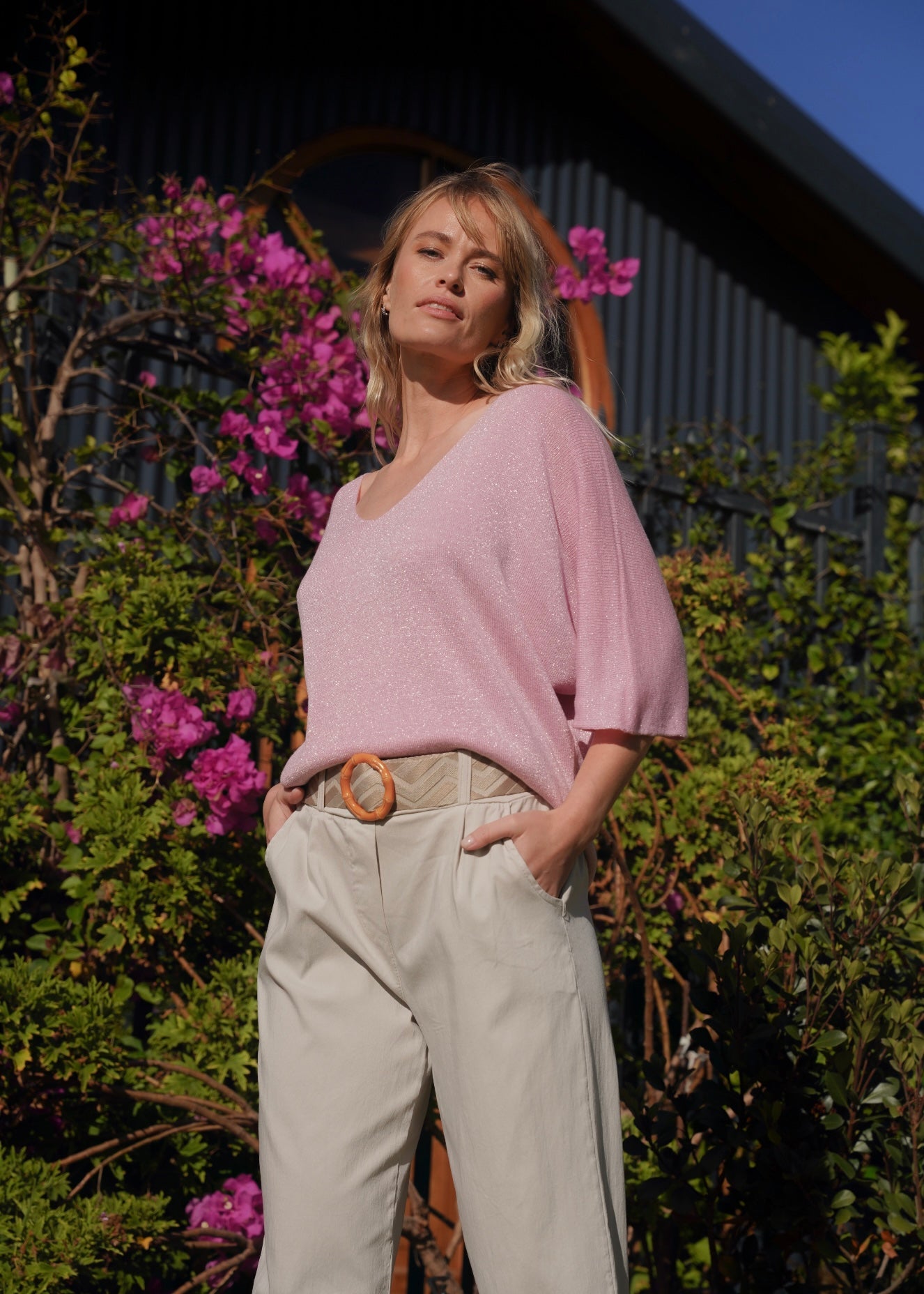 View our Italian Lurex V Neck In Rose Pink - by Tribute Store