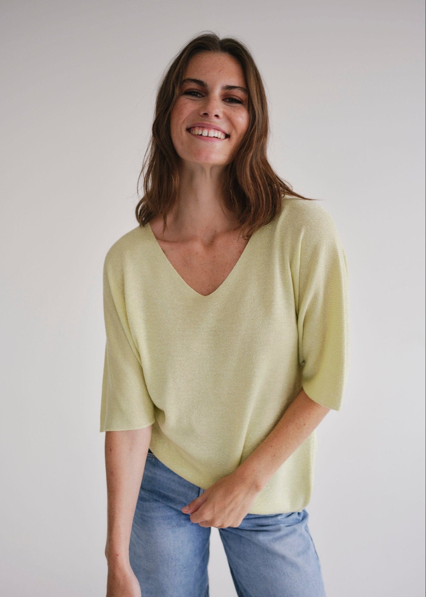 View our Italian Lurex V Neck In Yellow - by Tribute Store