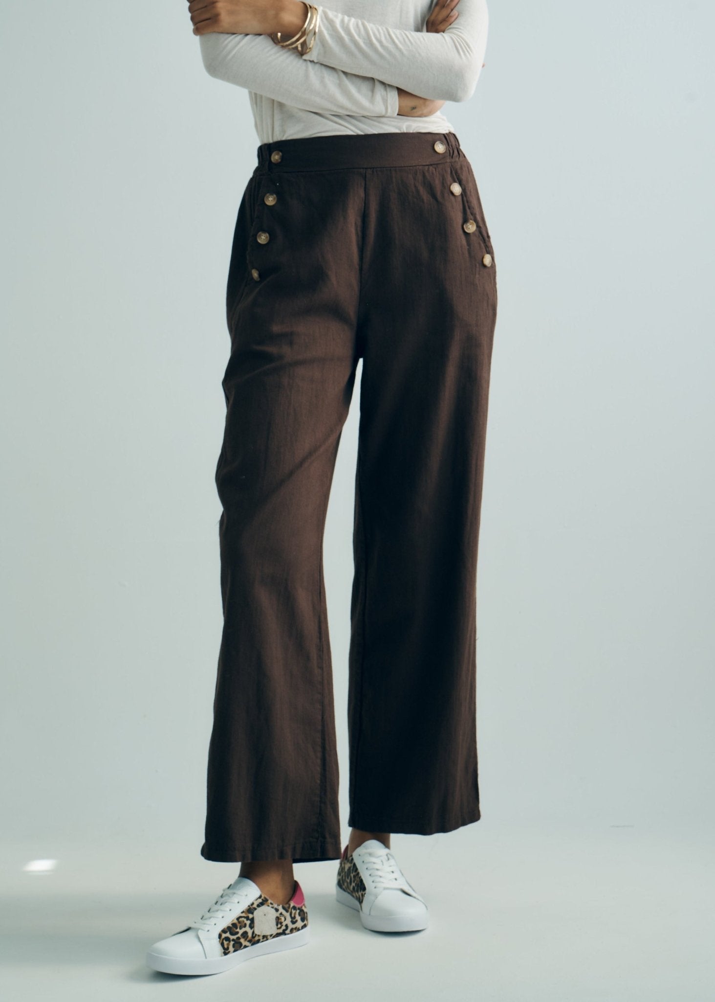 View our Italian Palazzo Pants with Front Buttons in Chocolate - by Tribute Store