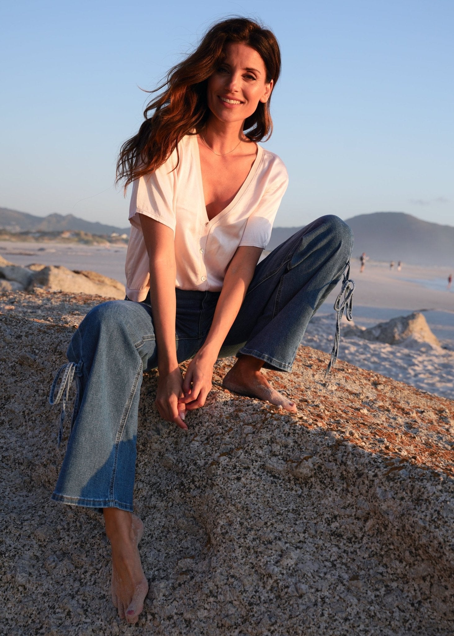 View our Italian Satin Blouse With V and front Buttons In Blush Pink - by Tribute Store