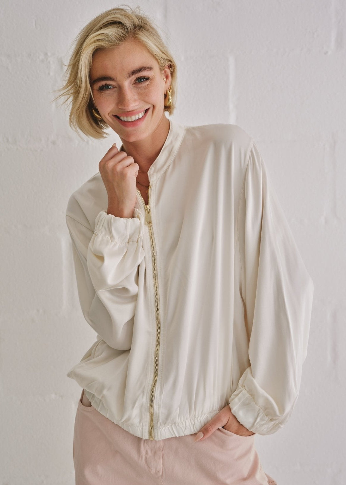 View our Italian Satin Bomber Jacket In Cream - by Tribute Store