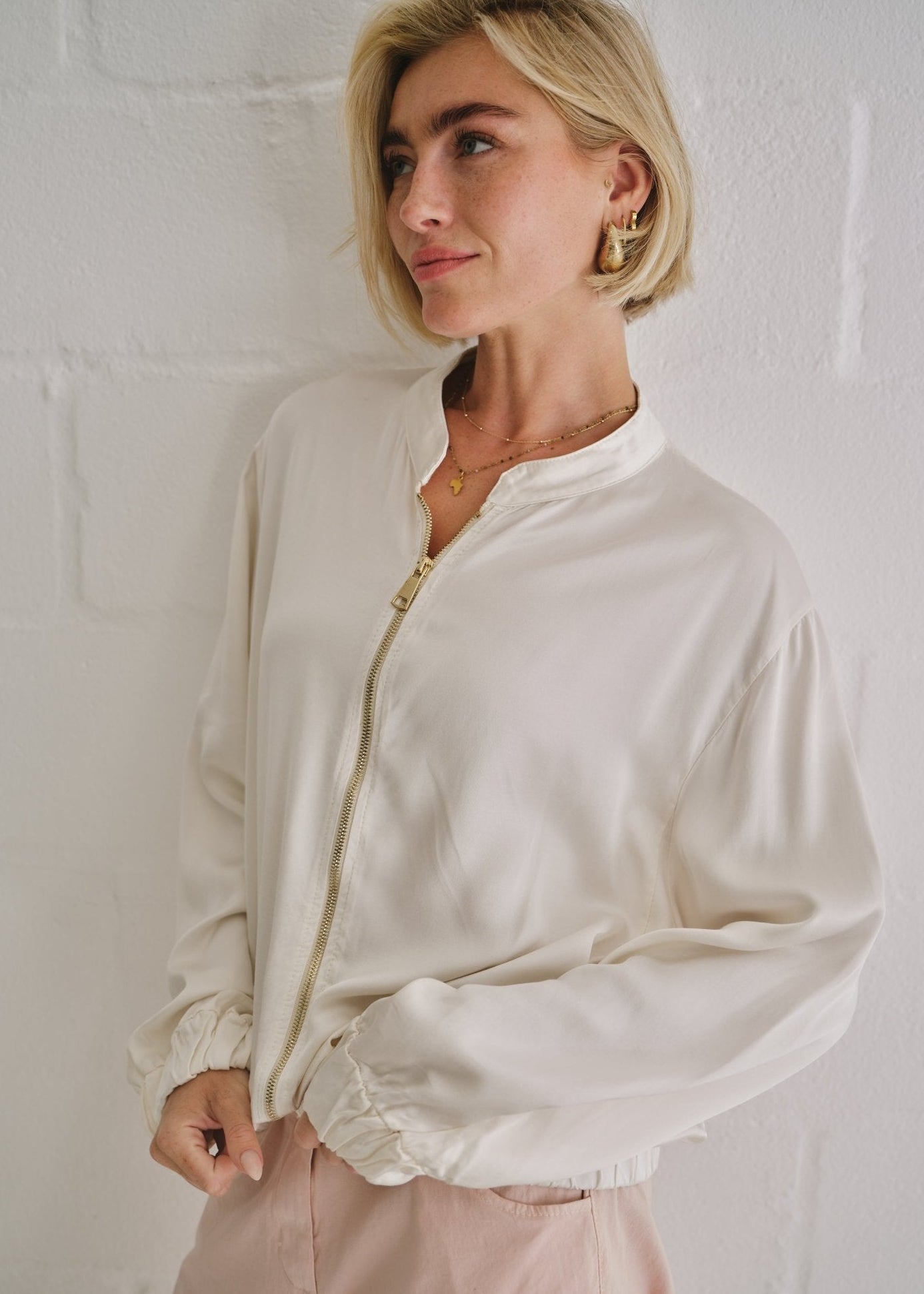 View our Italian Satin Bomber Jacket In Cream - by Tribute Store