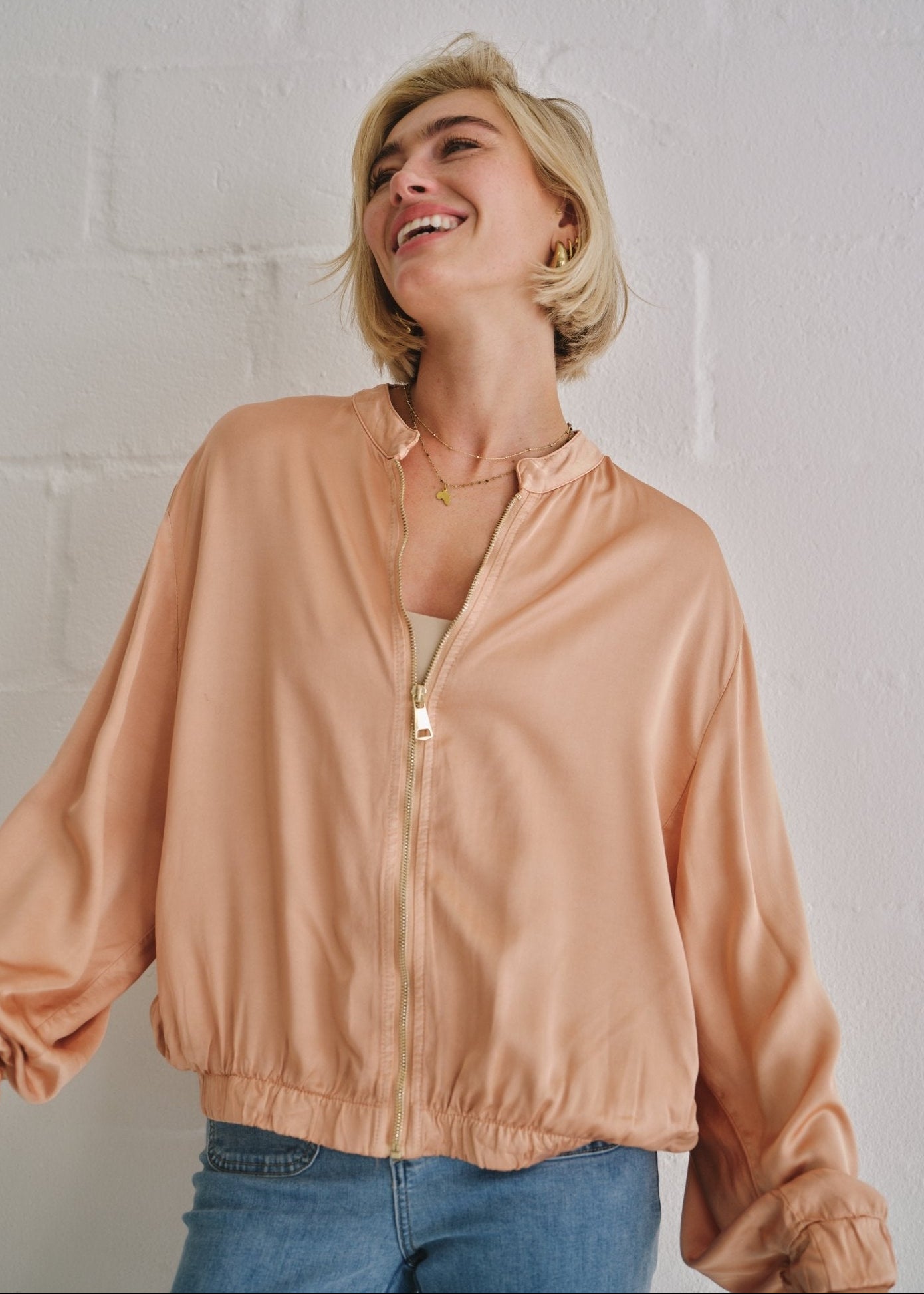 View our Italian Satin Bomber Jacket In Peach - by Tribute Store