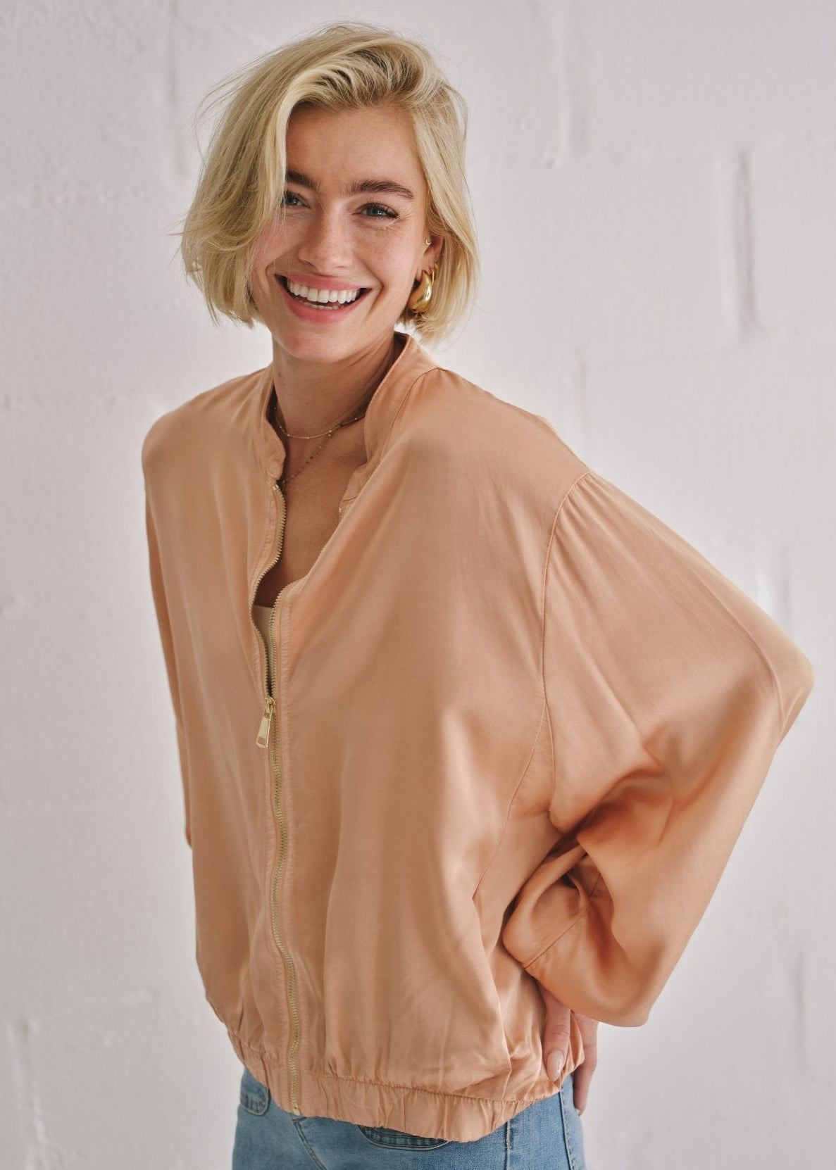 View our Italian Satin Bomber Jacket In Peach - by Tribute Store