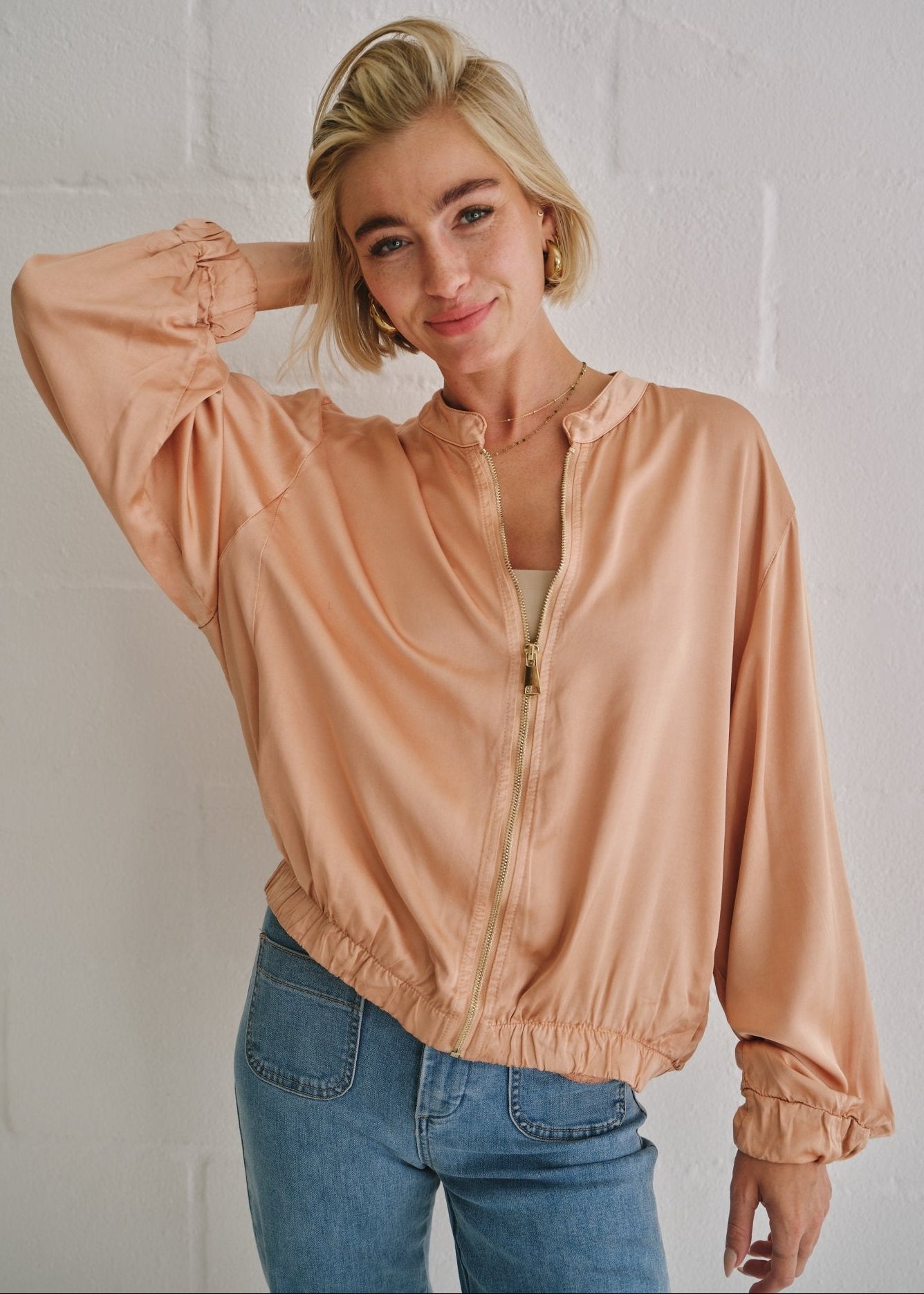 View our Italian Satin Bomber Jacket In Peach - by Tribute Store