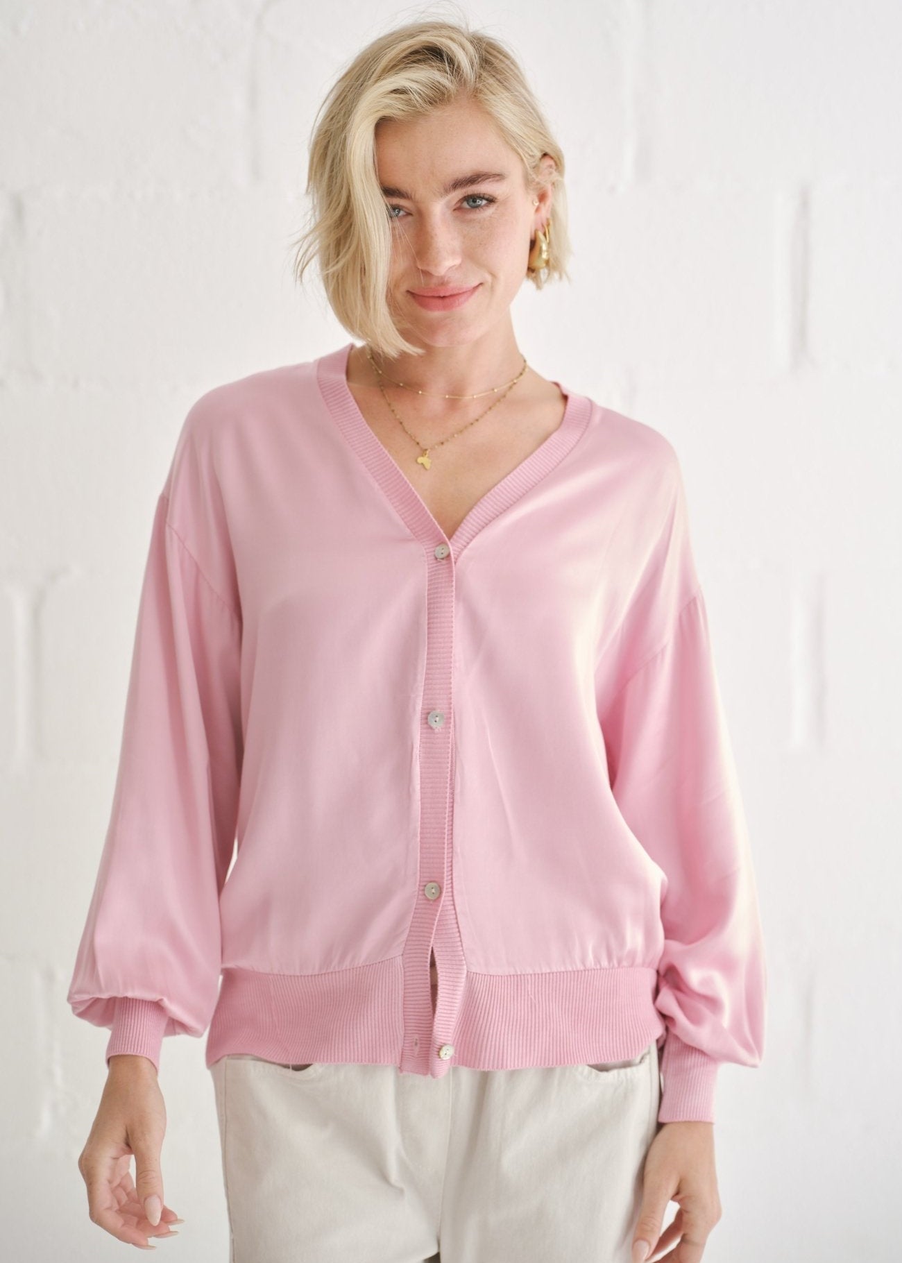 View our Italian Satin Cardigan In Baby Pink - by Tribute Store