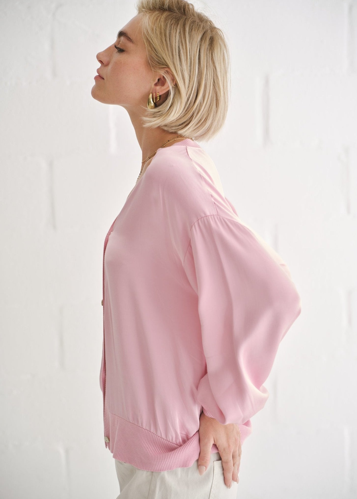 View our Italian Satin Cardigan In Baby Pink - by Tribute Store