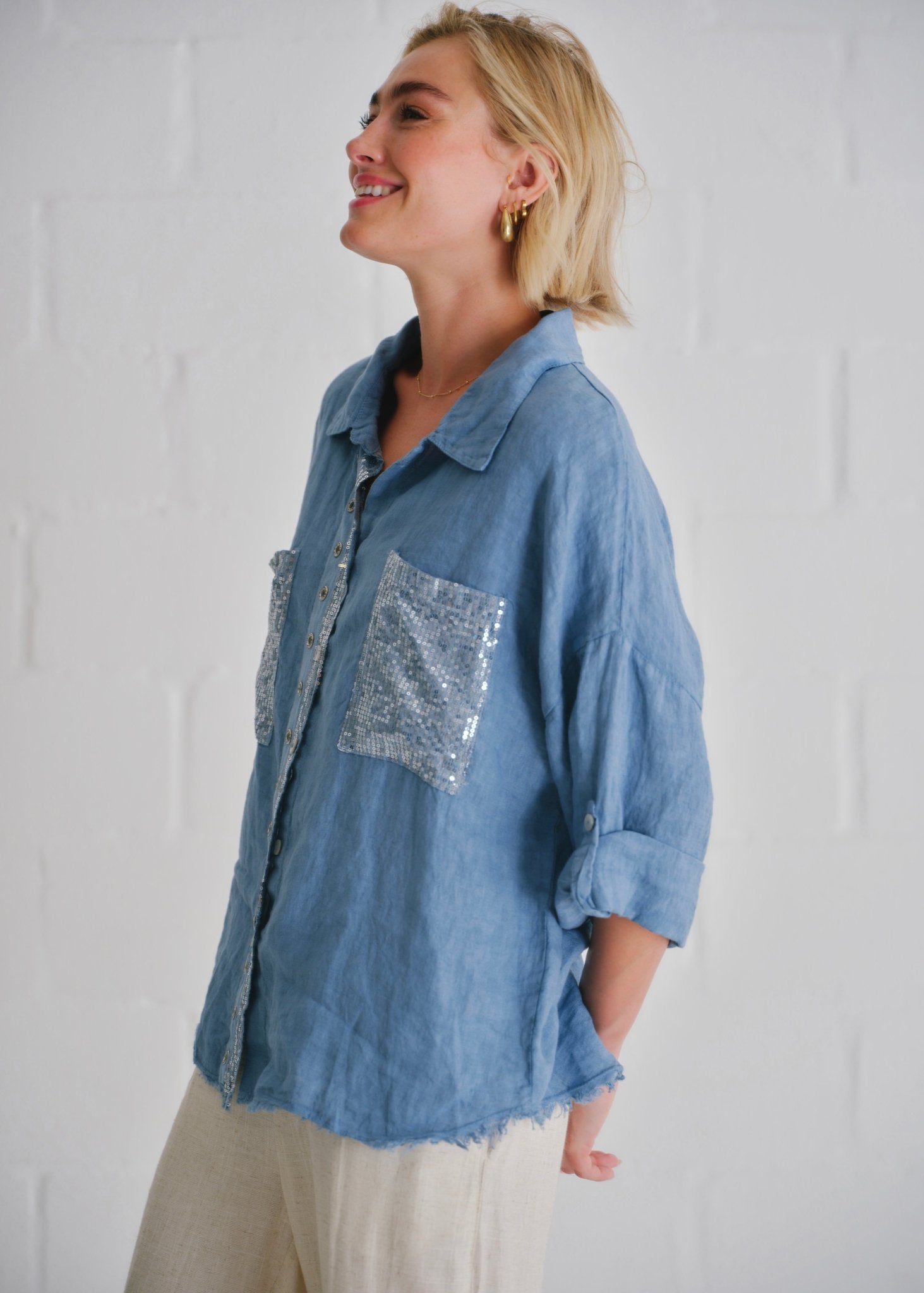 View our Italian Sequin Pocket Shirt In Denim - by Tribute Store
