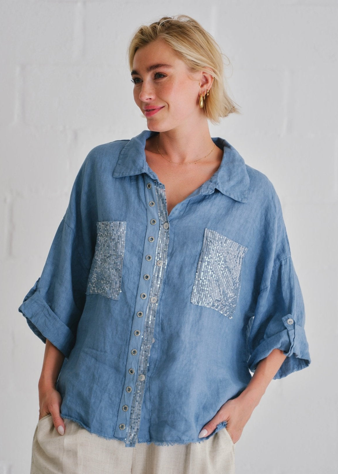 View our Italian Sequin Pocket Shirt In Denim - by Tribute Store