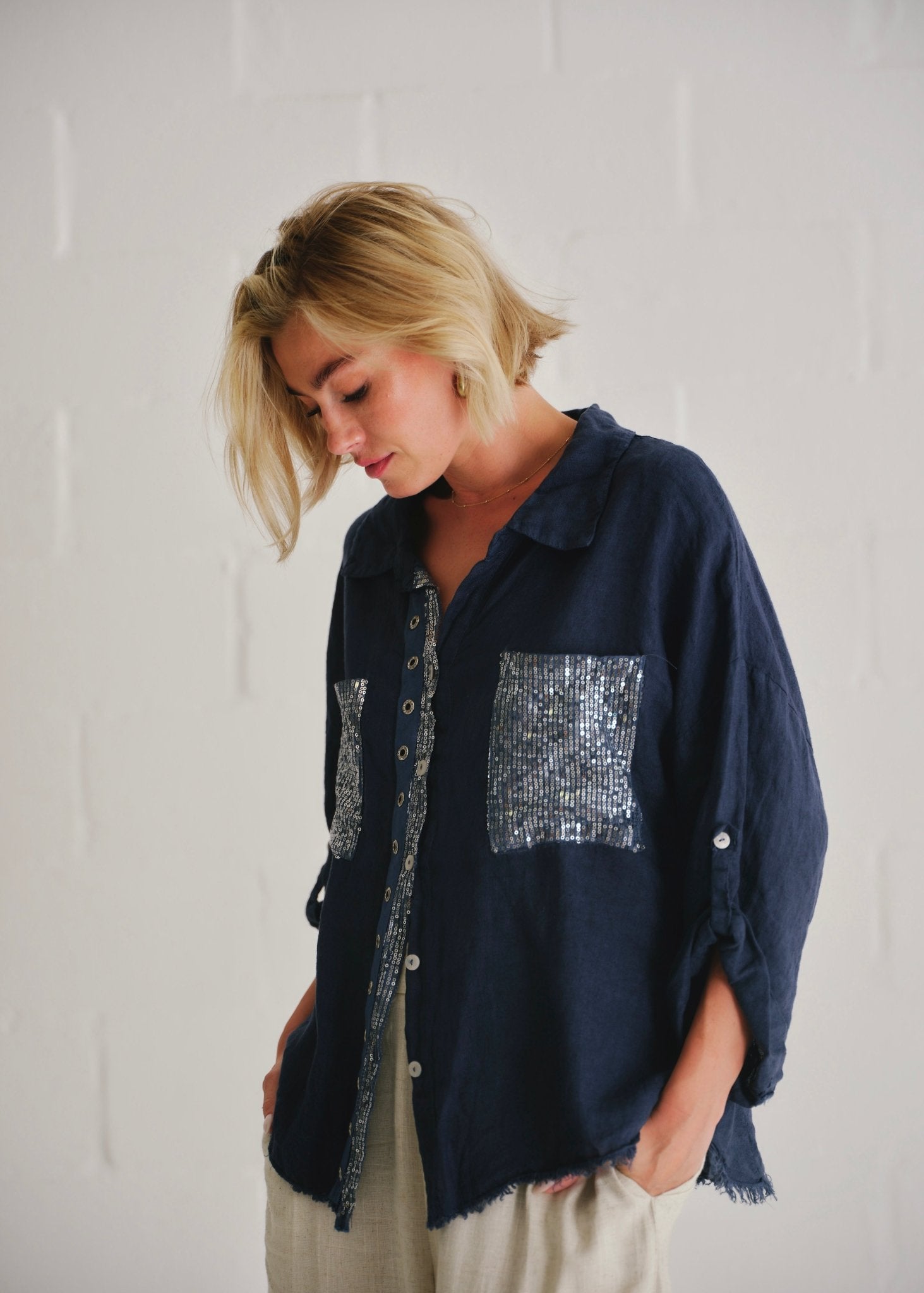 View our Italian Sequin Pocket Shirt In Navy - by Tribute Store
