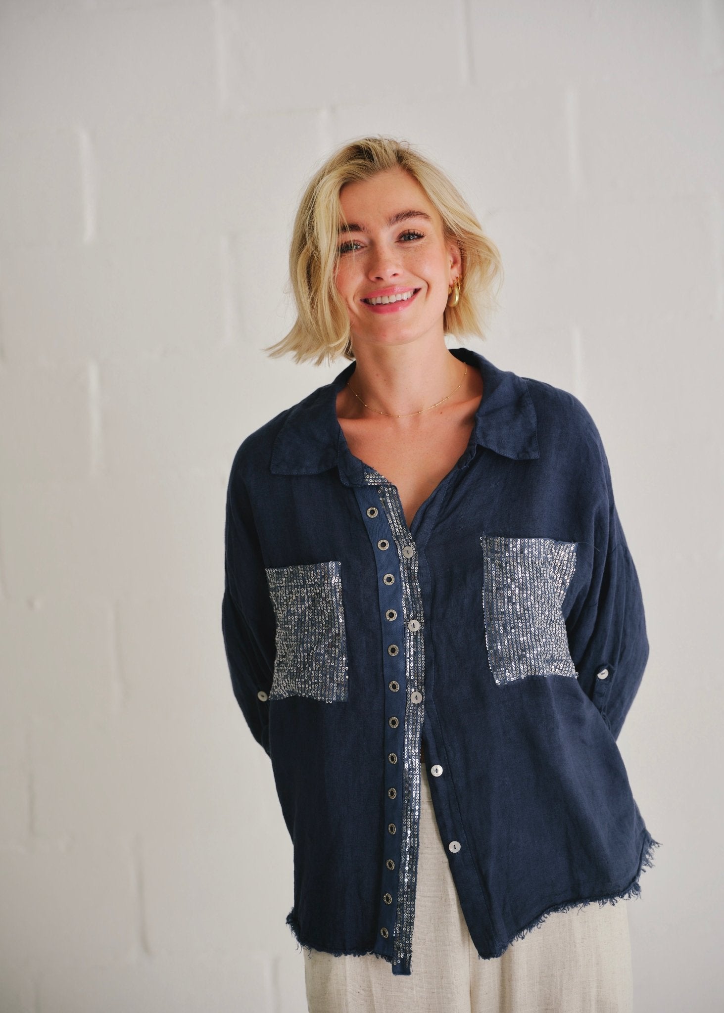View our Italian Sequin Pocket Shirt In Navy - by Tribute Store