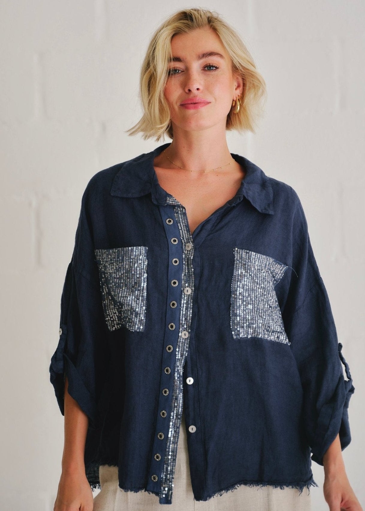 View our Italian Sequin Pocket Shirt In Navy - by Tribute Store