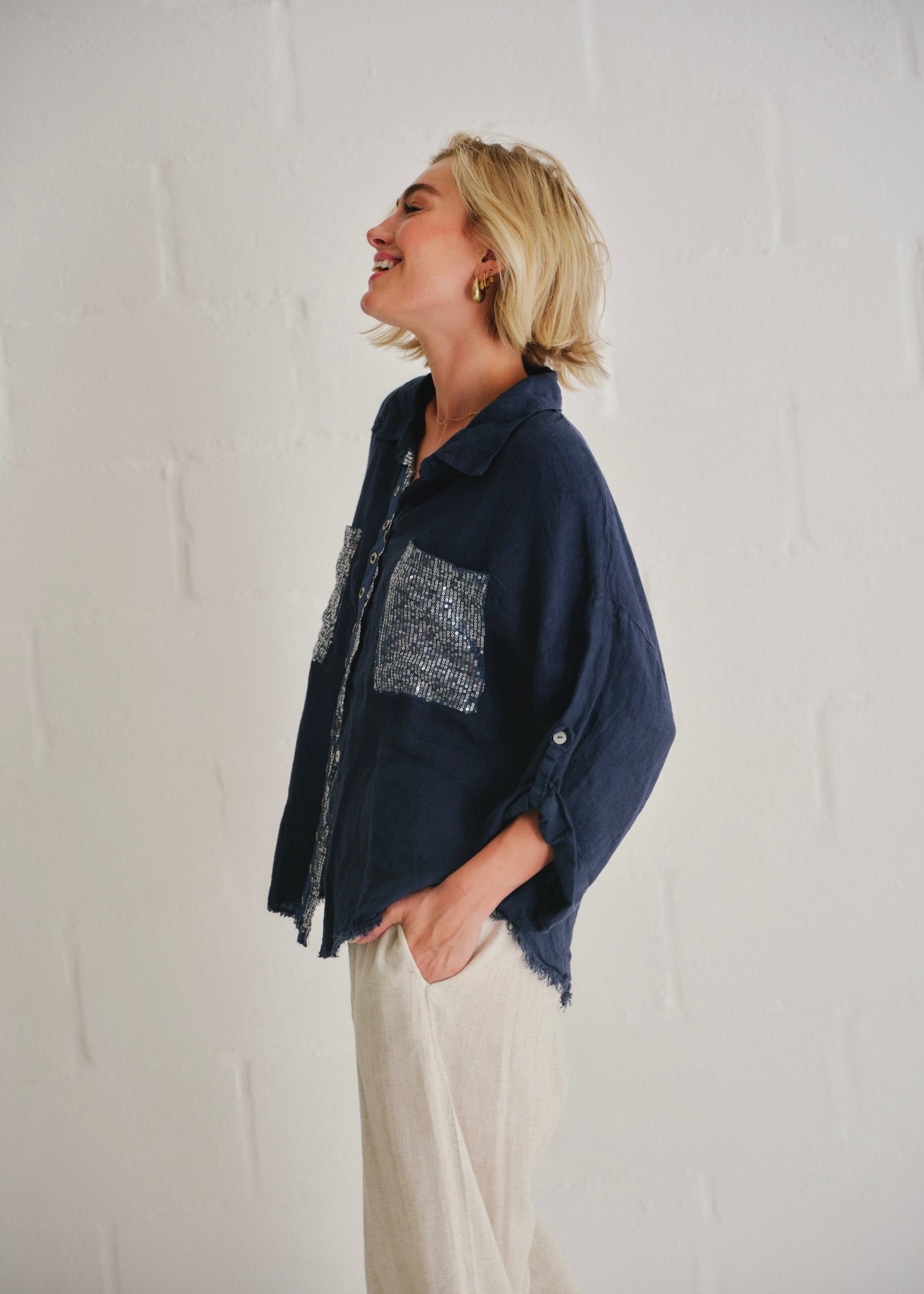 View our Italian Sequin Pocket Shirt In Navy - by Tribute Store