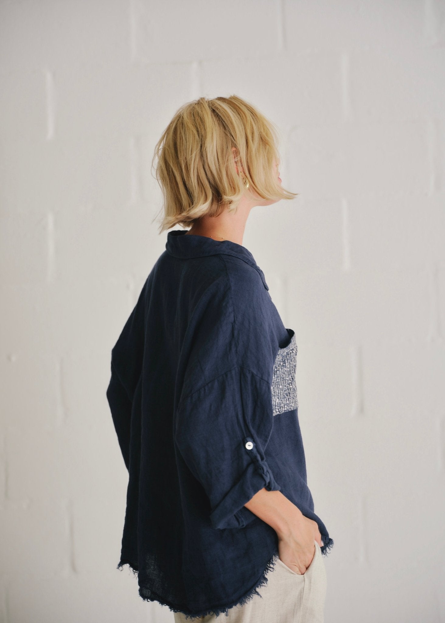View our Italian Sequin Pocket Shirt In Navy - by Tribute Store