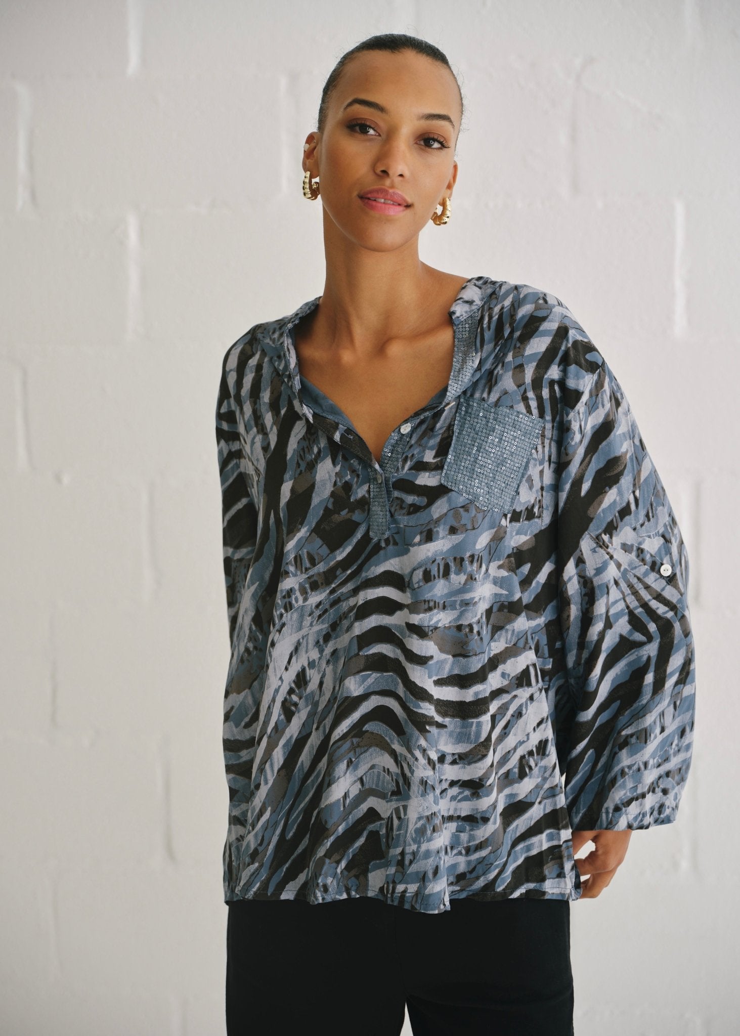 View our Italian Sequin Pocket Shirt With Animal Print In Blue - by Tribute Store