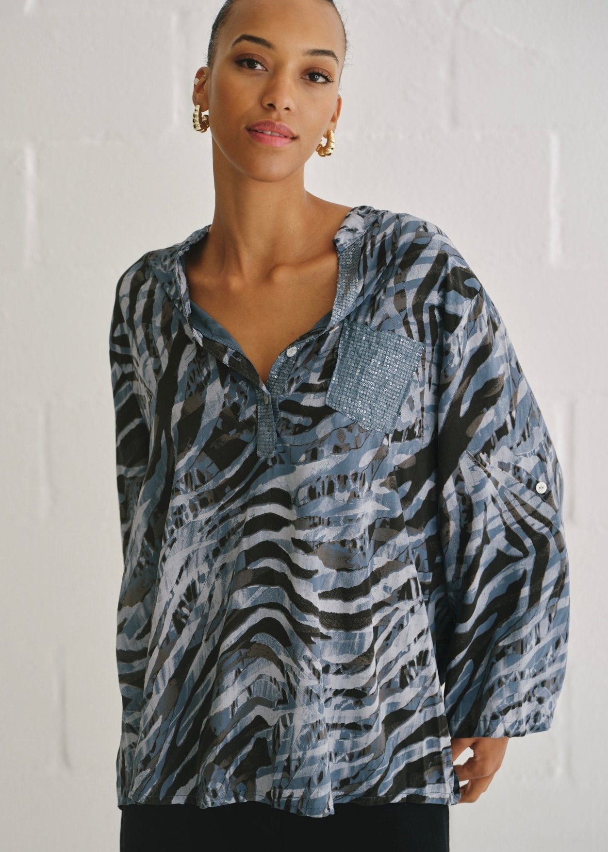 View our Italian Sequin Pocket Shirt With Animal Print In Blue - by Tribute Store