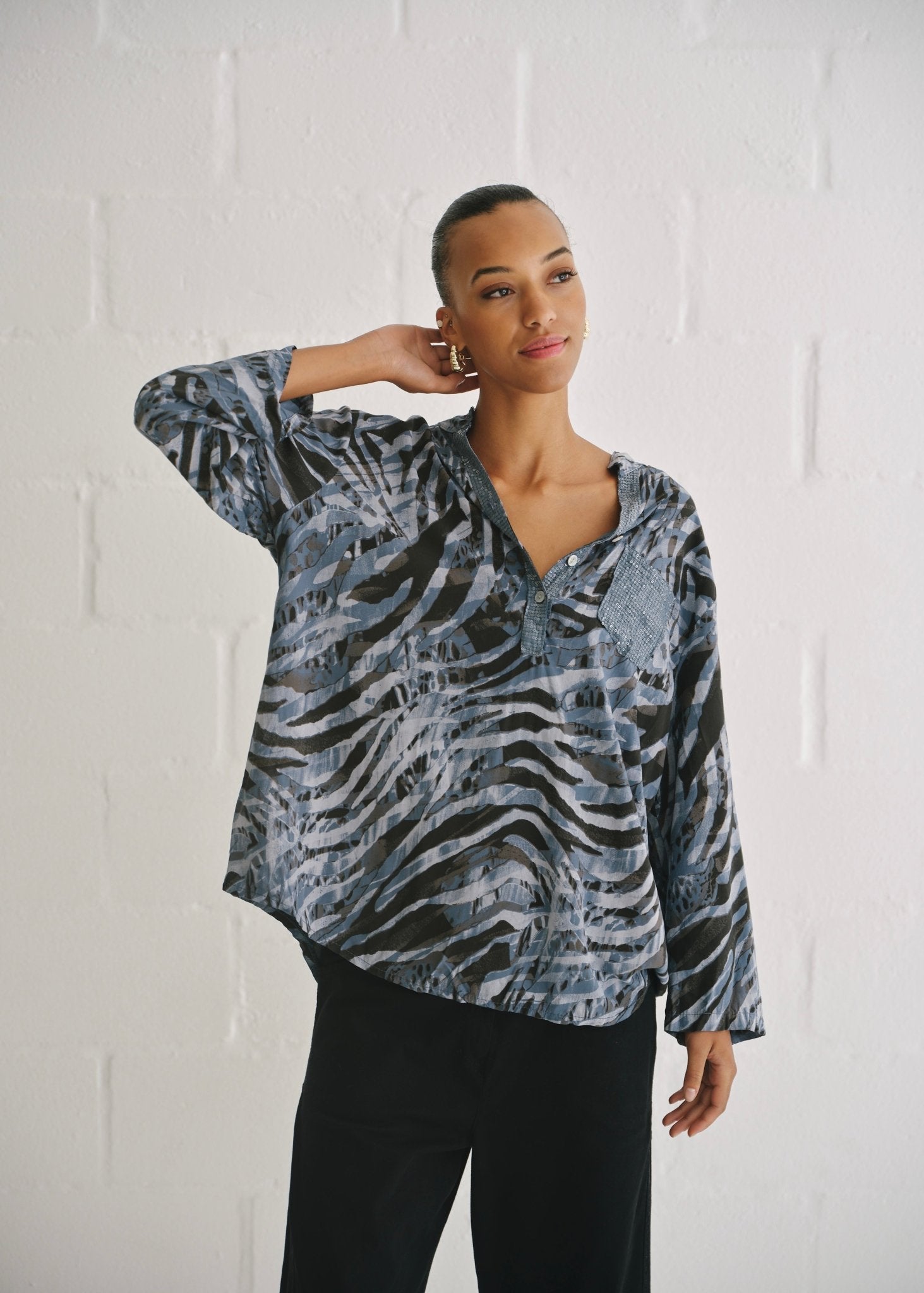 View our Italian Sequin Pocket Shirt With Animal Print In Blue - by Tribute Store
