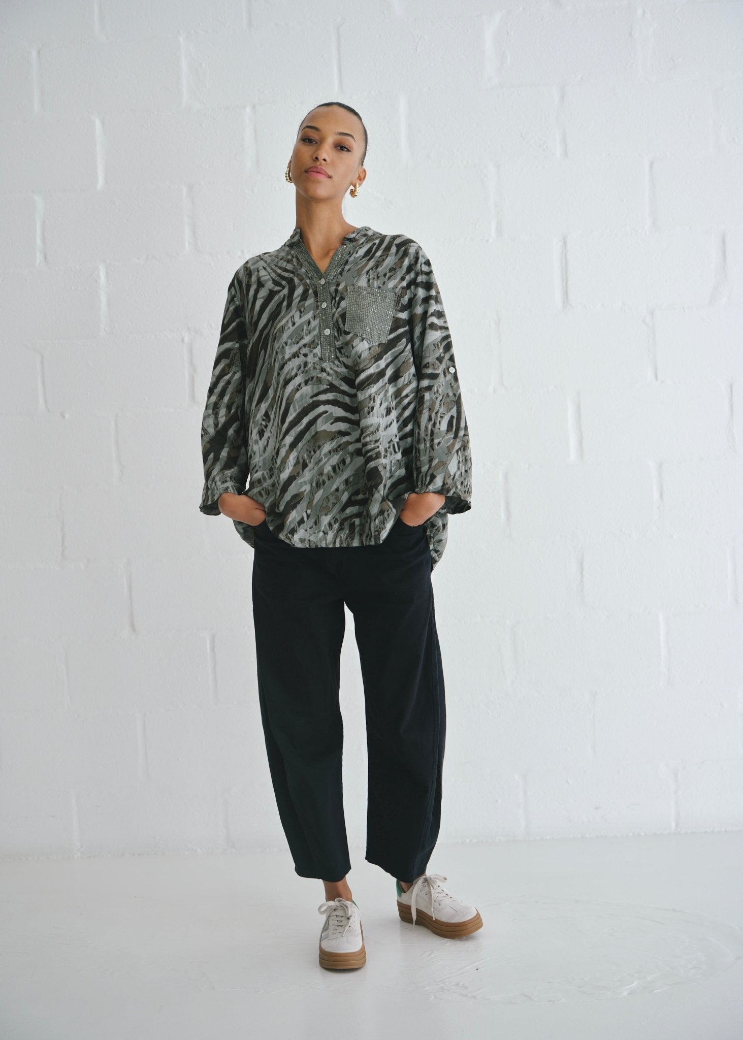 View our Italian Sequin Pocket Shirt With Animal Print In Khaki - by Tribute Store