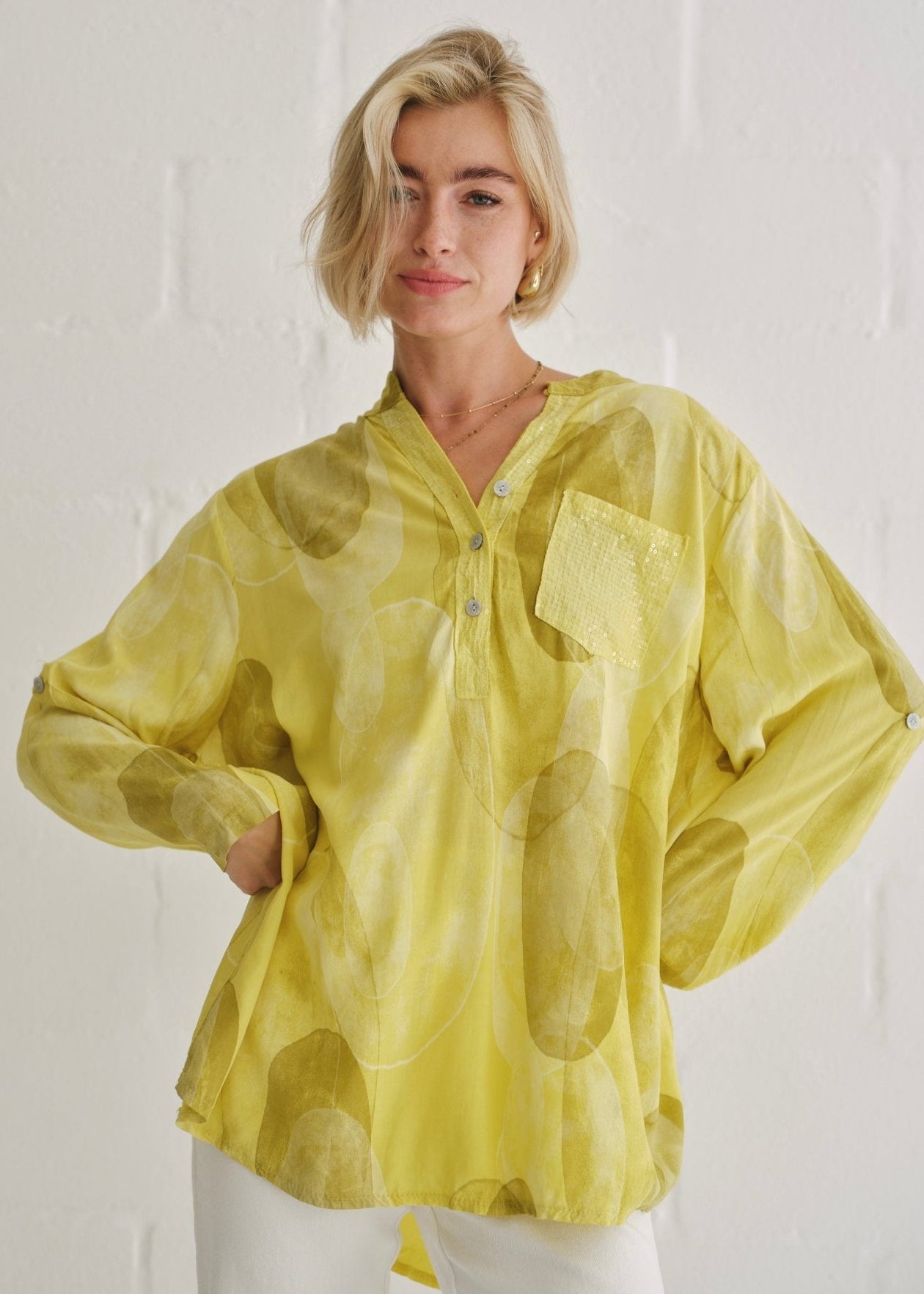 View our Italian Sequin Pocket Shirt With Circle Print In Yellow - by Tribute Store