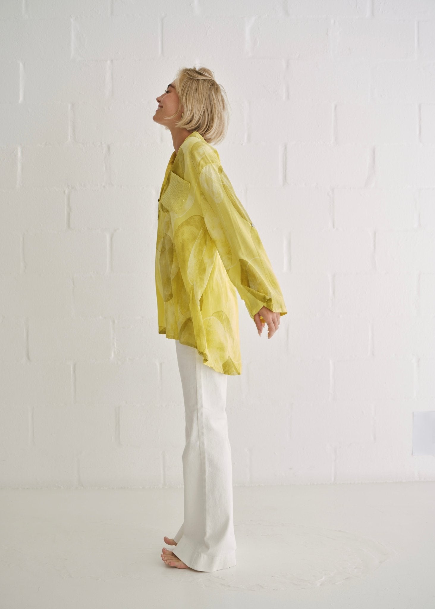 View our Italian Sequin Pocket Shirt With Circle Print In Yellow - by Tribute Store