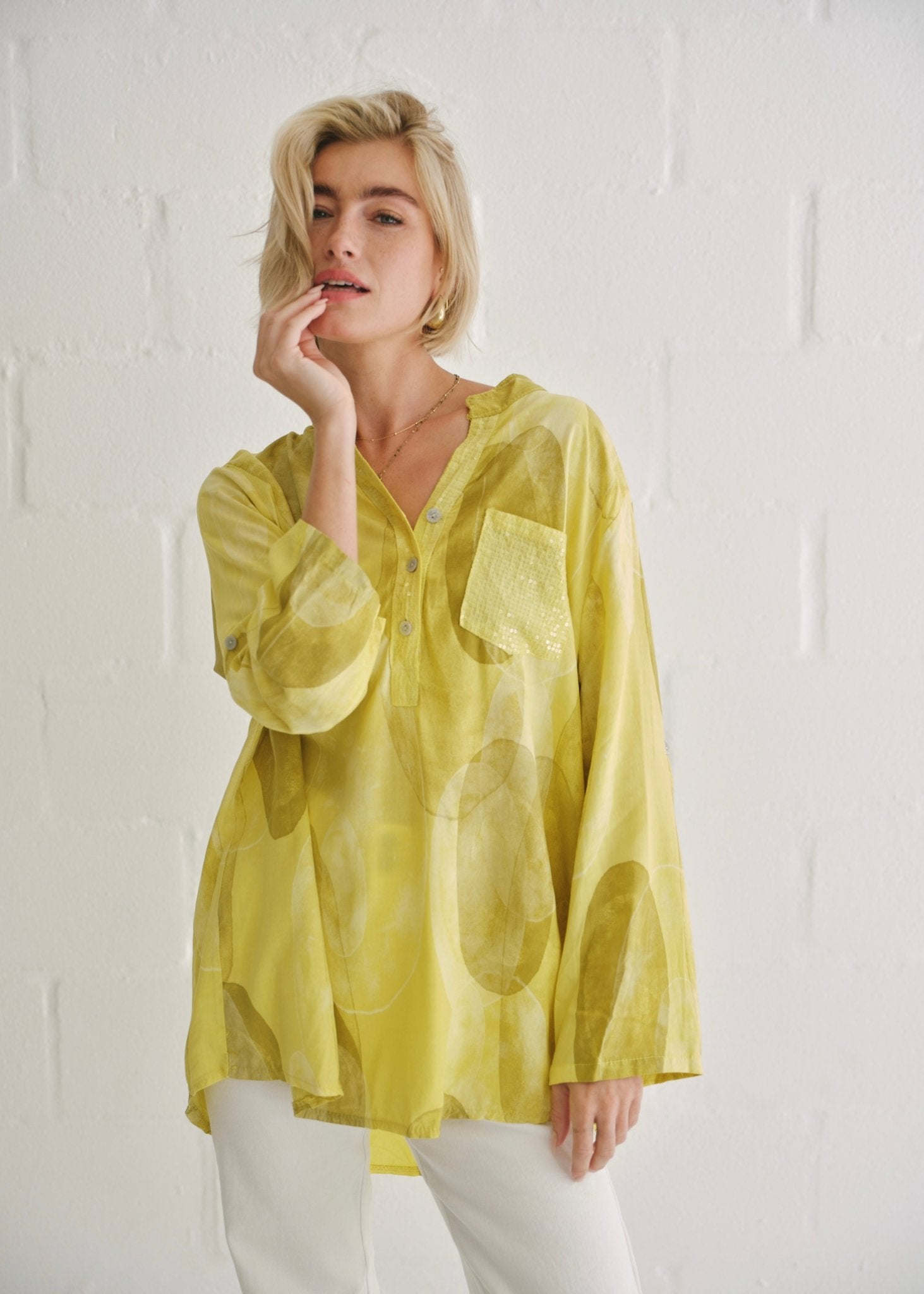 View our Italian Sequin Pocket Shirt With Circle Print In Yellow - by Tribute Store
