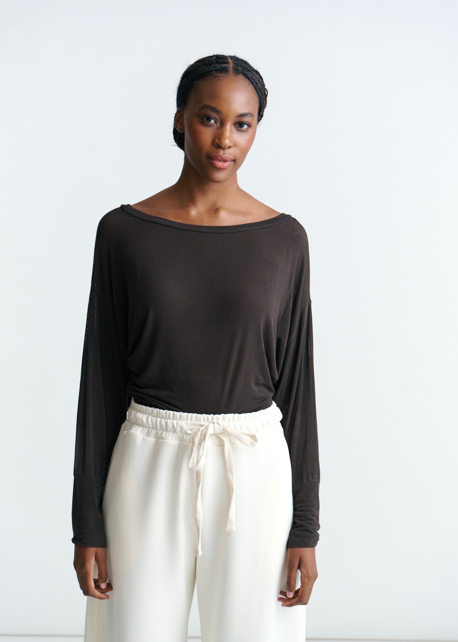View our Italian Sheer Drape Dolman Top In Chocolate - by Tribute Store